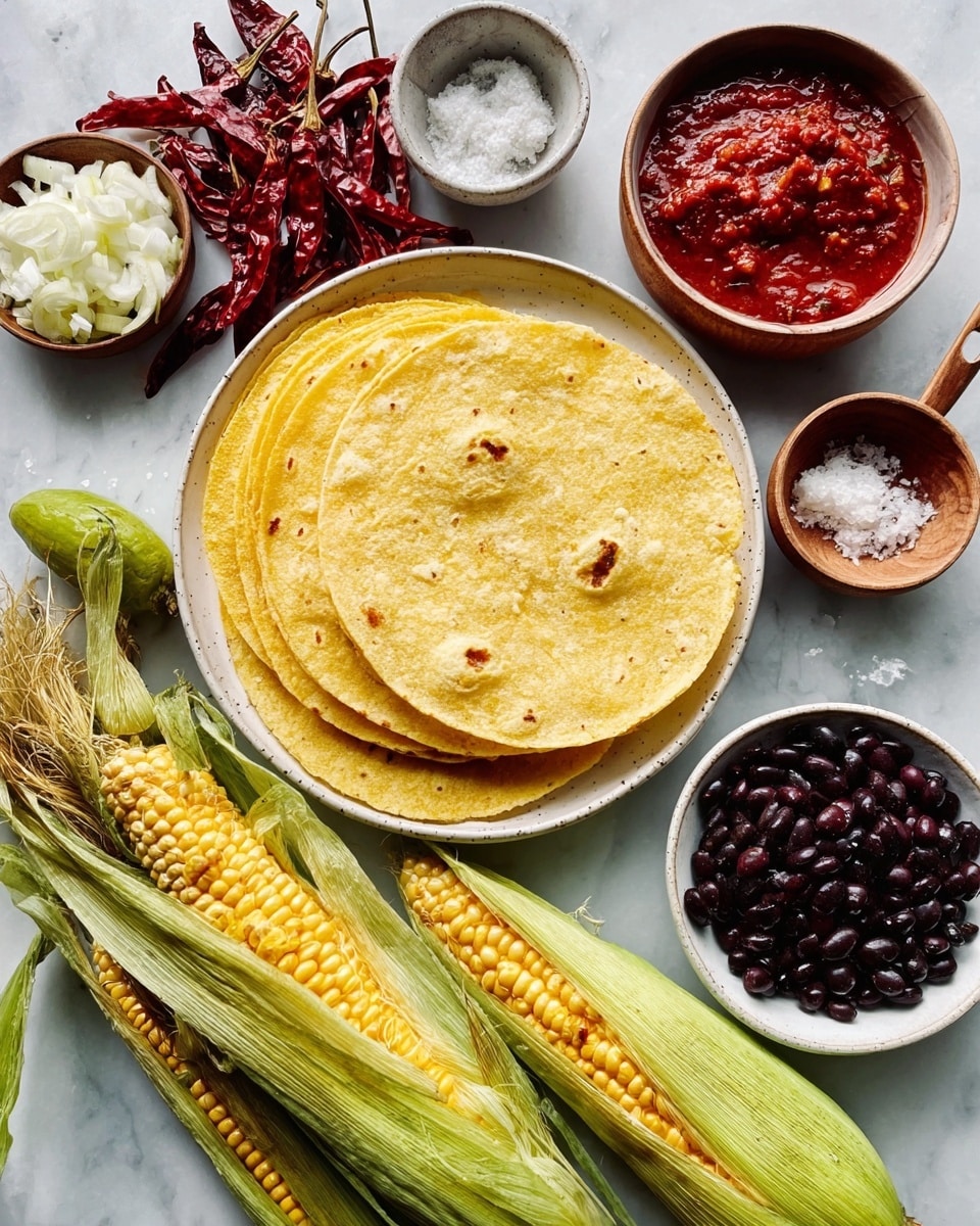 The image shows a white plate stacked with three soft yellow corn tortillas placed on a white marbled surface. Around the plate, there are small white bowls filled with red salsa, chopped white onions, coarse salt, and black beans. At the bottom, there are long yellow ears of corn with green husks. In the middle, a bunch of dried red chili peppers add a deep red color. The overall setup has a warm and fresh look. Photo taken with an iphone --ar 4:5 --v 7