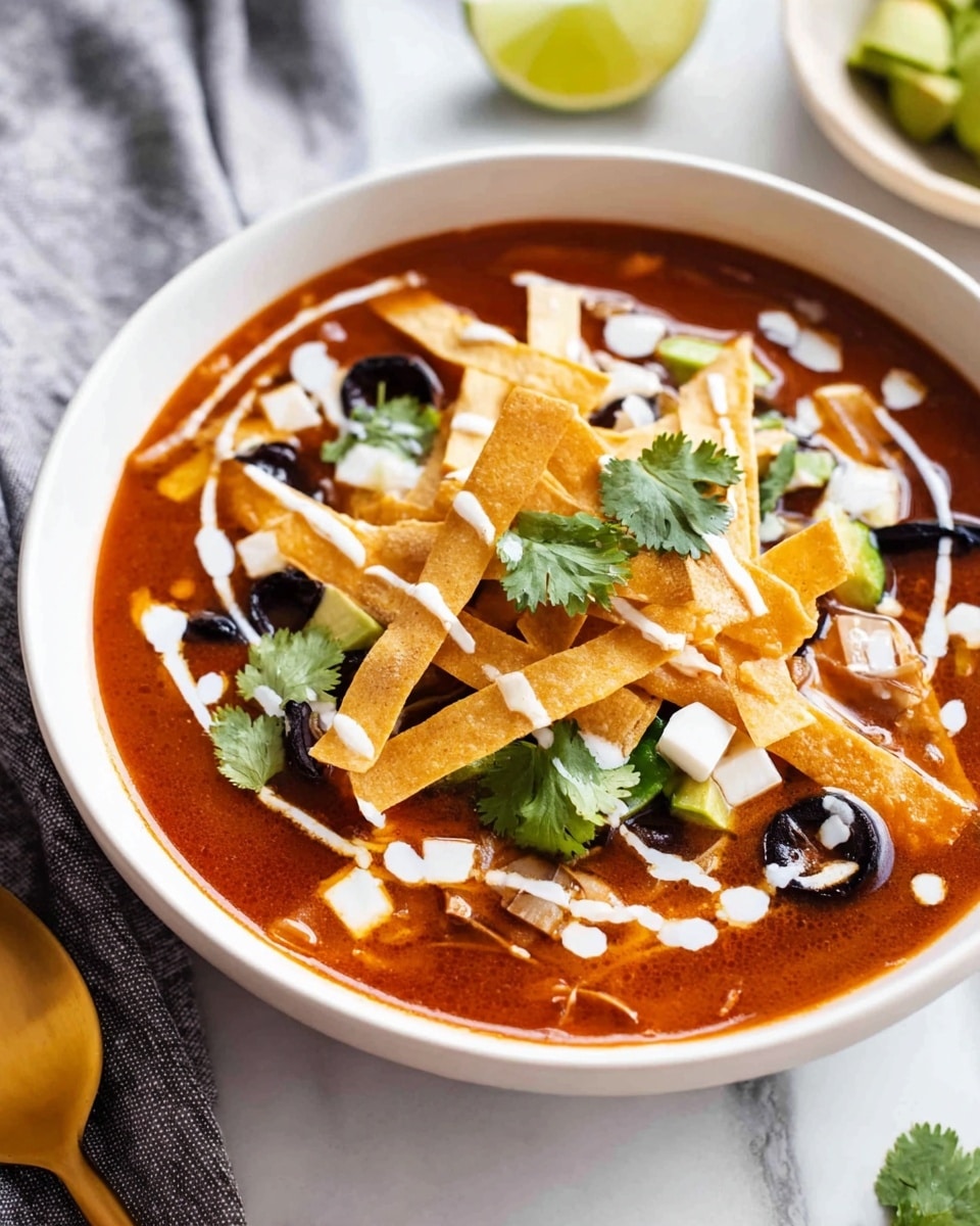A white bowl holds a rich, deep red soup filled with white corn kernels and black beans visible near the surface. On top, there are golden brown crispy tortilla strips scattered over the soup. A dollop of white sour cream sits on one side, with a wedge of light green lime next to it. Bright green chopped cilantro leaves are sprinkled over the middle, adding fresh color. A silver spoon is dipped into the soup, resting inside the bowl on the left side. The bowl sits on a white marbled surface. photo taken with an iphone --ar 4:5 --v 7