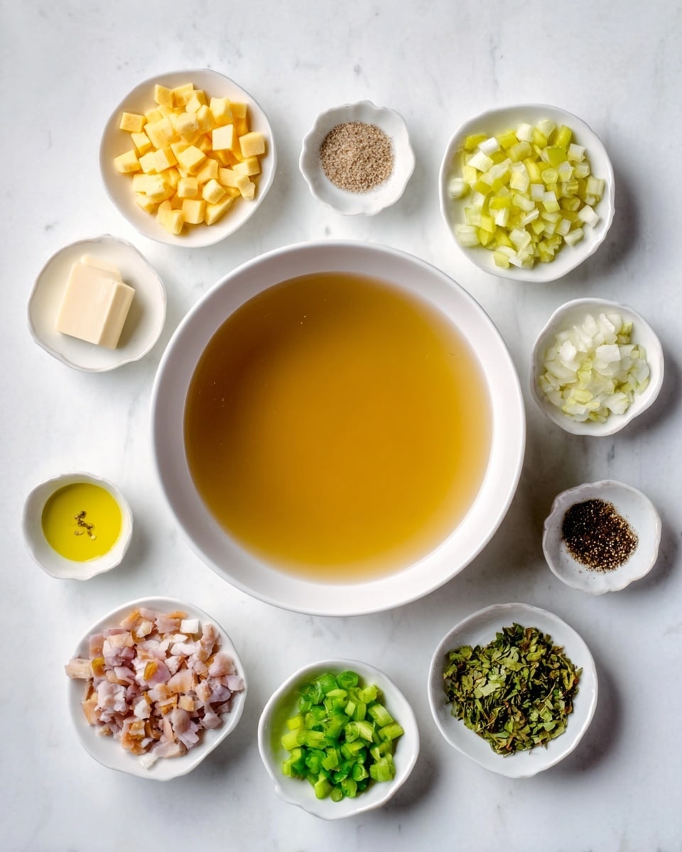 The image shows a white bowl filled with clear golden broth placed on a white marbled surface. Around the bowl, there are smaller white dishes with different ingredients: pale yellow small cubes, light yellow liquid, white minced pieces, finely chopped white bits, chopped green vegetables, small diced yellow pieces, finely chopped brown bits, green herbs, a small block of white solid, and some black pepper. All items are neatly arranged in a circle around the main bowl, creating a clean and organized layout. photo taken with an iphone --ar 4:5 --v 7
