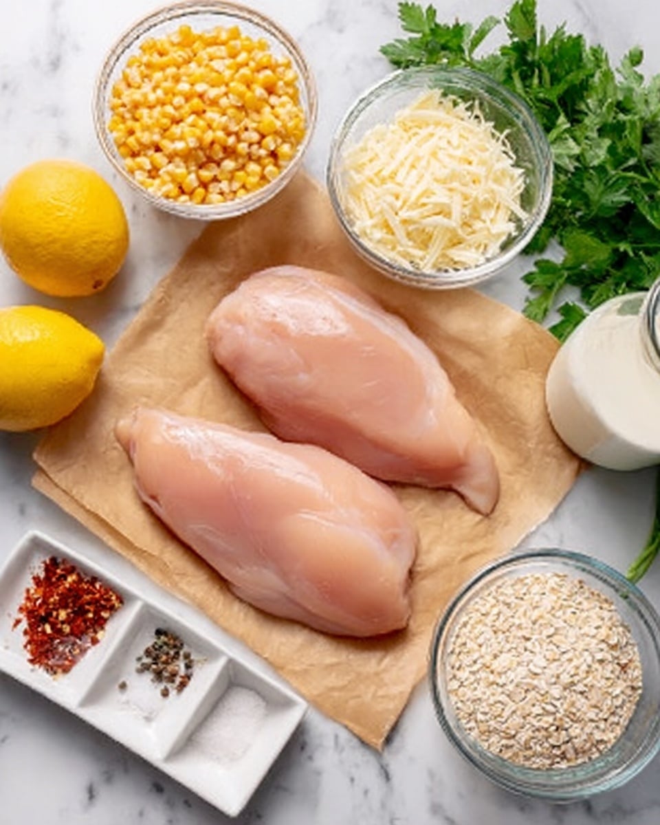 Three raw chicken breasts with a smooth light pink color are placed in a row on a brown paper sheet. Surrounding them on a white marble surface are small clear glass bowls filled with different ingredients: a bowl of yellow corn kernels at the top left, a bowl of white shredded cheese beside it, a bowl of white grains to the right, a glass container of milk nearby, and a small white square dish holding spices like red chili flakes and white salt. Fresh green parsley and two bright yellow lemons sit near the top left corner, adding a fresh touch. photo taken with an iphone --ar 4:5 --v 7