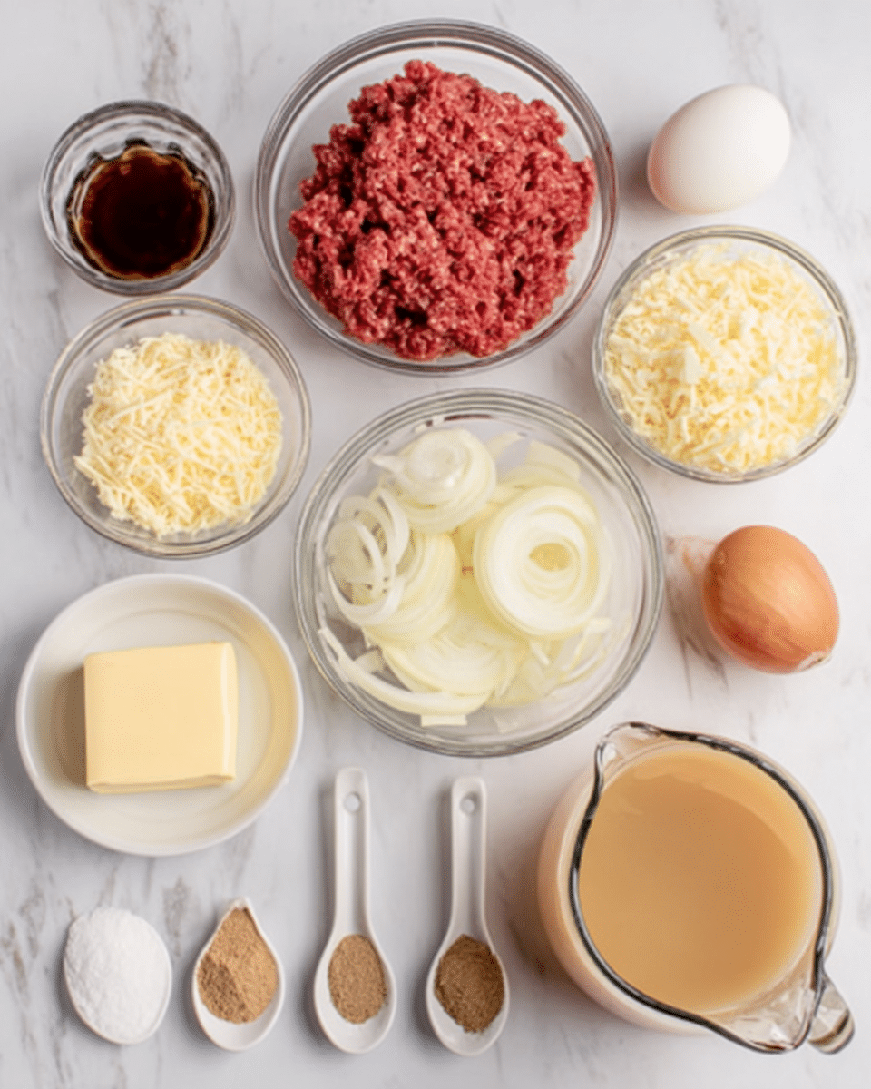 A top-down view of several clear glass bowls arranged on a white marbled surface. The largest bowl in the center holds red kidney beans. Surrounding it, smaller bowls contain halved small sausages the same size as grapes, sliced green vegetables, chopped white onions, green peas, and a small bowl of olive oil to the side. There are also small bowls with various spices and herbs, including a deep red spice, a pale yellow powder, a light brown mix, and dried green leaves. A glass bowl with clear water is also part of the arrangement. The composition is neat and organized, showcasing ingredients before cooking. Photo taken with an iphone --ar 4:5 --v 7