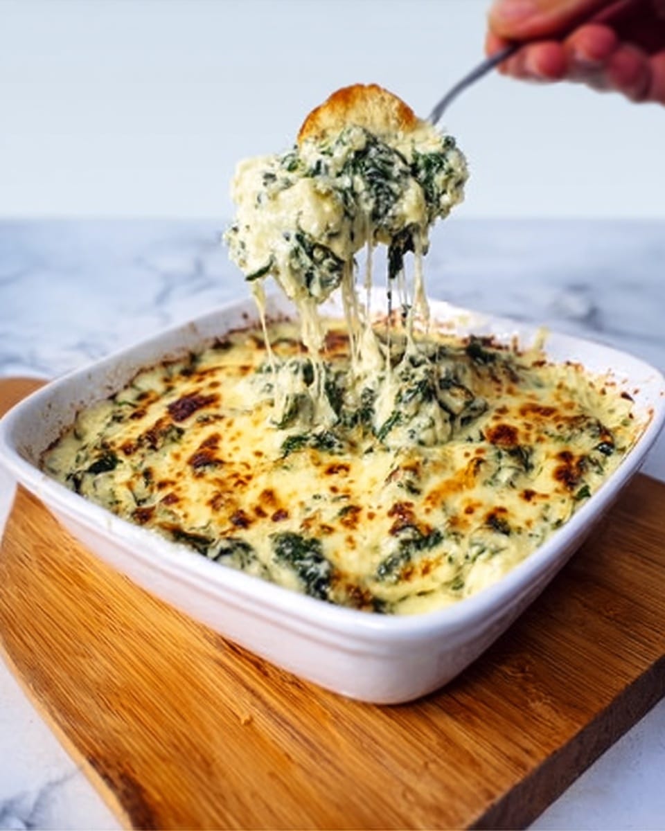 A white square dish filled with a creamy spinach and cheese mixture, showing a bubbling golden brown top with melted cheese stretching as a slice is lifted by a woman's hand. The creamy layer is mostly pale with green spinach bits mixed through, topped with melted cheese that has brown spots from baking. The dish sits on a wooden board with a white marbled surface below. photo taken with an iphone --ar 4:5 --v 7
