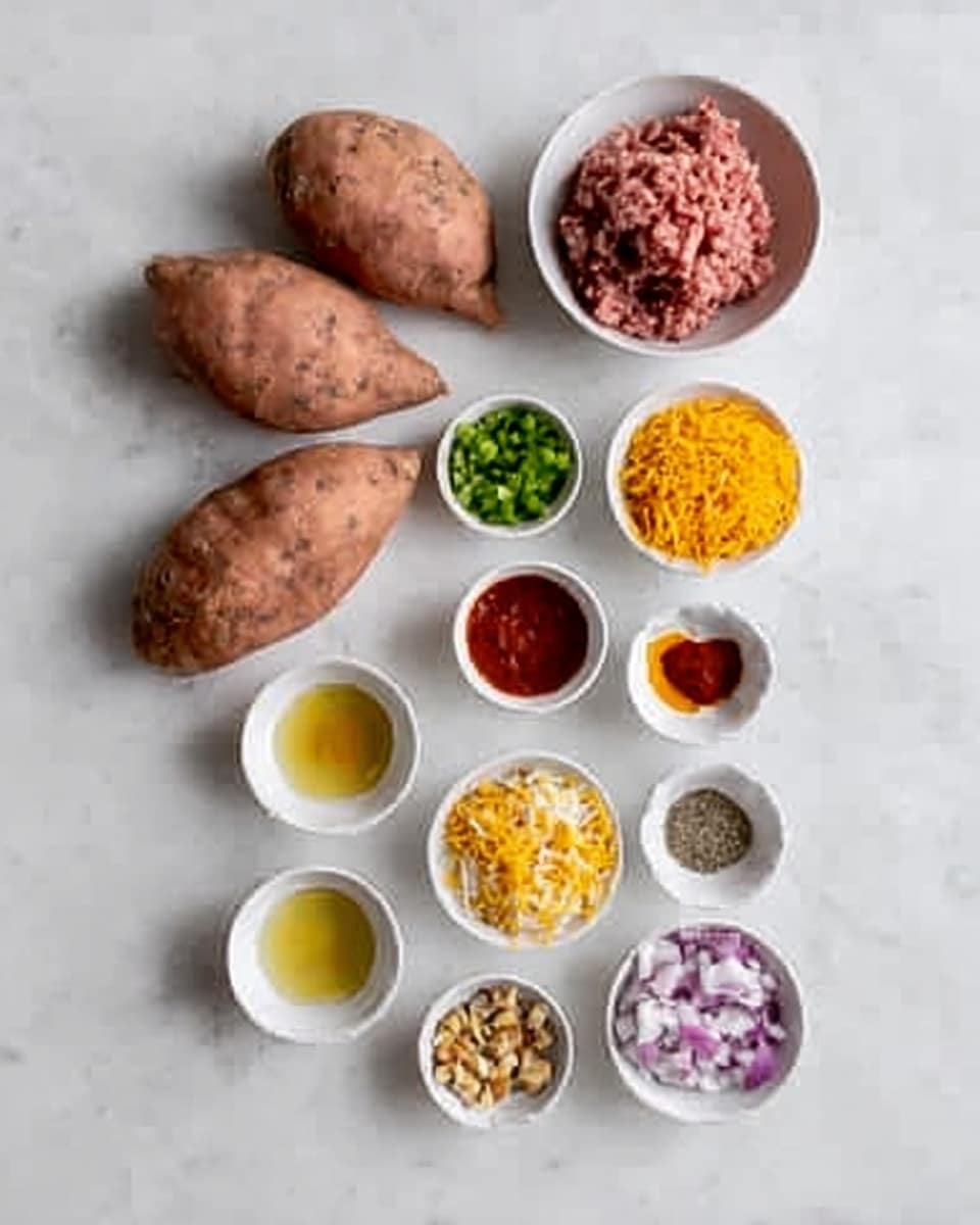 The image shows a white marble surface with different small white bowls and whole sweet potatoes arranged neatly. Four whole sweet potatoes with reddish-brown skin are placed on the top left. Next to them, a white bowl with raw ground meat sits on the top right. Below these are small white bowls filled with various ingredients: a light yellow liquid (juice), diced green chili, bright yellow shredded cheese, small pieces of nuts or seeds, chopped red onions, a clear golden liquid (oil), bright red sauce, and three small piles of spices including salt and pepper. The ingredients are spaced evenly in neat rows and columns. photo taken with an iphone --ar 4:5 --v 7