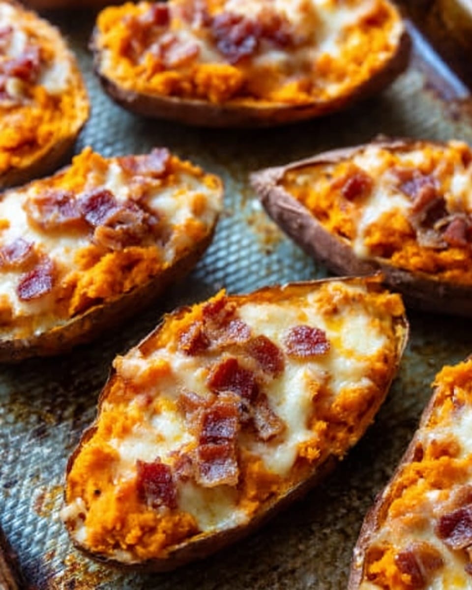 The image shows several baked stuffed sweet potato halves placed on a metal baking tray with a grid pattern. Each sweet potato half is filled with a smooth, bright orange layer of mashed sweet potato, topped with a layer of melted, light golden cheese that has browned in some spots. Small pieces of crispy bacon are scattered on top of the cheese, adding a reddish-brown texture. The edges of the sweet potato skins are visible and slightly wrinkled from baking, with a rich brown color. The overall look is warm and inviting. Photo taken with an iphone --ar 4:5 --v 7
