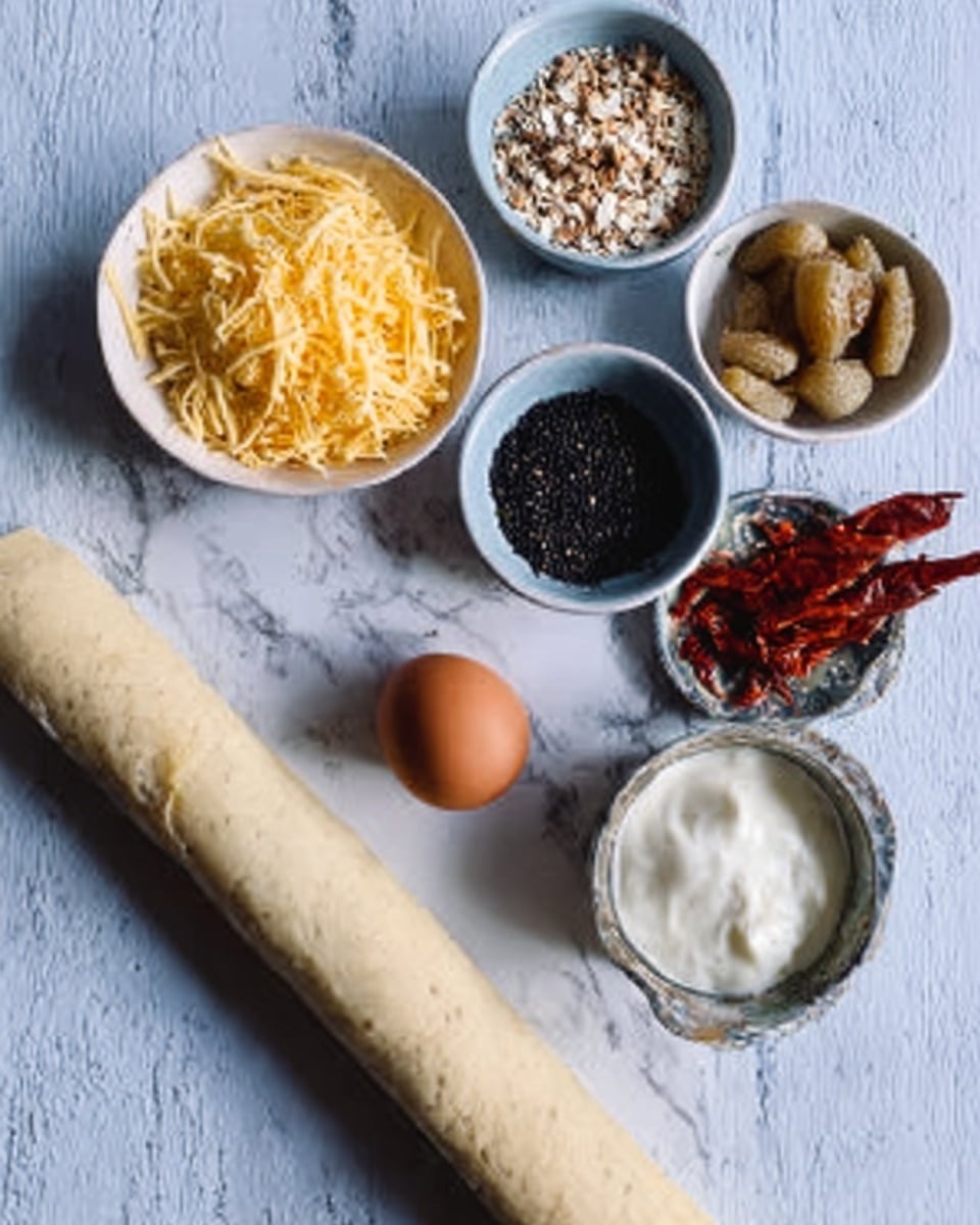 The image shows several small white bowls arranged on a white marbled surface. One bowl contains shredded yellow cheese, another holds a brown mixture that might be nuts or seeds. There is a bowl with white seeds, another with black seeds, and one with a red dried ingredient, likely peppers. A small bowl has light brown items that look like pickles or small fruits, and another bowl contains a white substance that appears to be cream or yogurt. A single brown egg is placed on the surface near the bowls. At the bottom, there is a rolled sheet of dough or pastry. Photo taken with an iphone --ar 4:5 --v 7