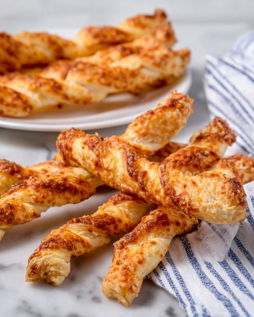 The image shows several golden-brown twisted pastry sticks with a crispy texture and some melted cheese on top. They are placed on a white marbled surface, with some of the twists overlapping each other. Behind, there is a white plate holding more pastry twists, slightly out of focus. The pastries have a slightly rough and flaky surface with visible cheese and seasoning on top. A white and blue striped cloth is partially visible on the right side of the image. Photo taken with an iphone --ar 4:5 --v 7