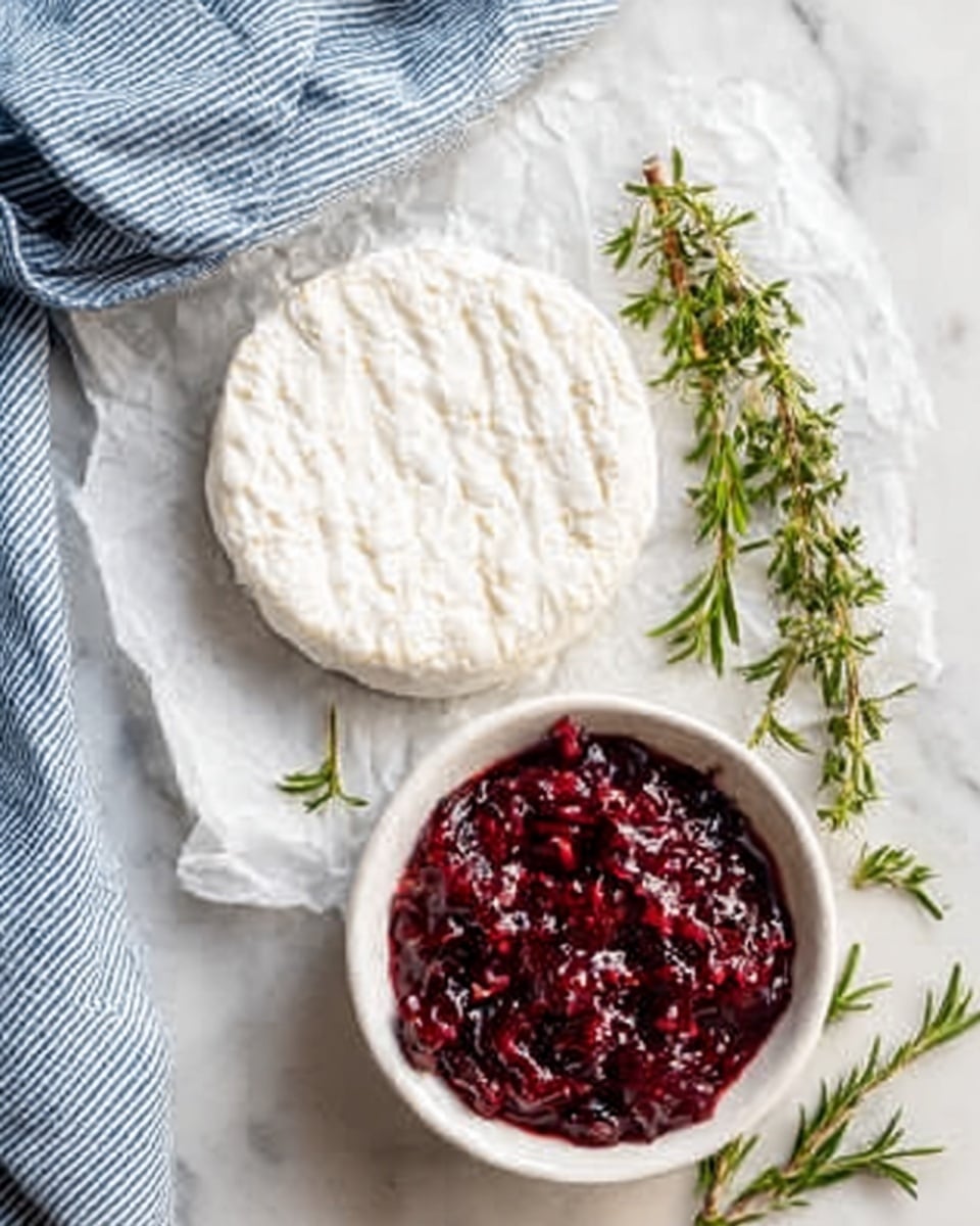 The image shows a round white cheese wheel with a soft and creamy surface, sitting on white parchment paper. To the right is a white bowl filled with a chunky deep red berry sauce, textured with visible seeds and small berry pieces. A sprig of fresh green rosemary lies near the bottom right corner on a white marbled surface. A woman’s hand is partly visible on the left side above the cheese wheel, holding a blue and white striped cloth. Photo taken with an iphone --ar 4:5 --v 7