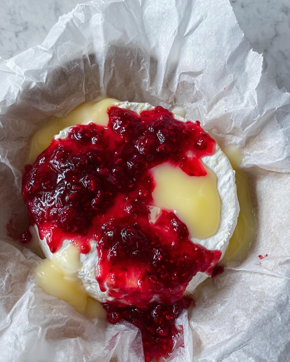 This image shows a soft round white cheese partly covered with a thick layer of vibrant red raspberry jam that has chunks of fruit in it. Small pools of pale yellow creamy butter or custard squeeze out from under the jam in a few spots. Everything sits on crinkled white parchment paper with jagged edges, placed on a white marbled surface. The colors stand out with the bright red jam against the smooth white cheese and soft yellow spots. The scene looks fresh and inviting. photo taken with an iphone --ar 4:5 --v 7