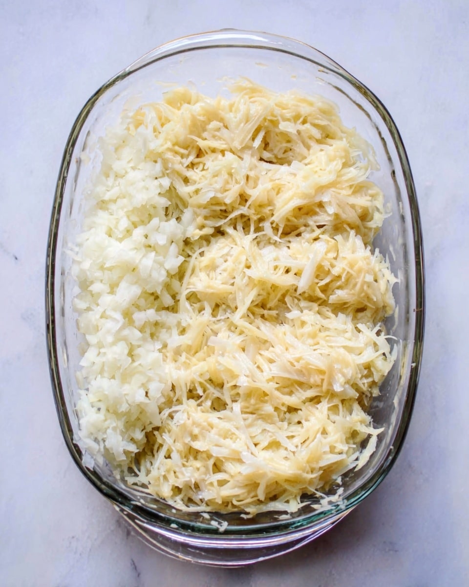 The image shows a glass baking dish filled with two large, oval-shaped layers of shredded pale yellow food that looks soft and slightly moist. On the left side of the dish, there is a mound of finely chopped white onions, adding a rough texture contrast. The baking dish rests on a white marbled surface, giving a clean and bright look. photo taken with an iphone --ar 4:5 --v 7
