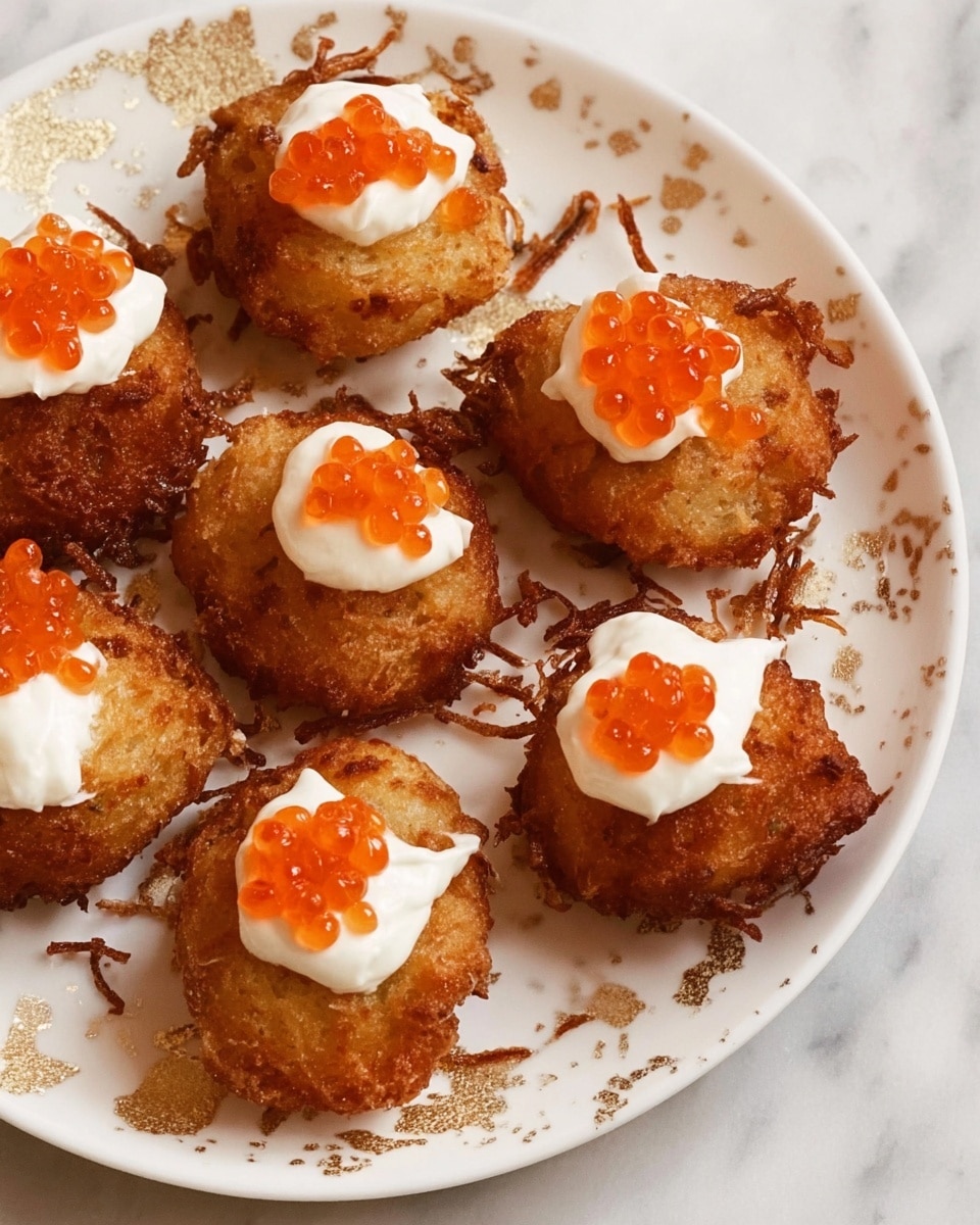 The image shows a white plate with gold speckles on the edges full of small, round, golden-brown crispy fritters. Each fritter has a dollop of smooth white cream on top, and a small cluster of bright orange fish eggs is placed on the cream, adding a pop of color. The fritters have a rough and crunchy texture with some thin strands sticking out from the sides. The plate sits on a white marbled surface. photo taken with an iphone --ar 4:5 --v 7