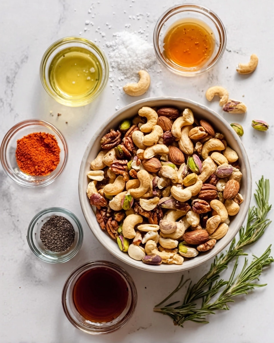 A white bowl filled with mixed nuts, including cashews, almonds, and pistachios, all showing different browns and creams with a rough, bumpy texture. Around the bowl, there are six small clear glass bowls arranged in a loose circle on a white marbled surface, each holding different ingredients: one has salt (white crystals), another a bright orange-red powder, one with a pale yellow liquid, another with a dark amber liquid, one with a dark brown sauce, and the last with black seeds or spices. A few green rosemary sprigs lie casually on the white marbled surface near the bowls. Photo taken with an iphone --ar 4:5 --v 7