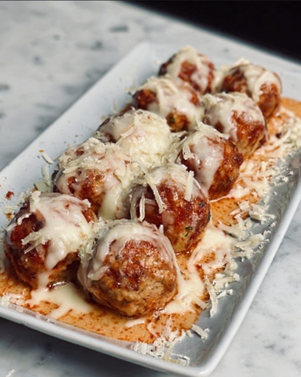 The image shows a close-up of a white rectangular plate holding a row of eight golden-brown meatballs placed on a layer of light brown sauce. Each meatball is topped with melted white cheese that stretches slightly between them, with some shredded cheese scattered around on the plate and surface. The meatballs look round and juicy with a soft texture, and the cheese is creamy and slightly browned on top. The background is a white marbled texture. photo taken with an iphone --ar 4:5 --v 7