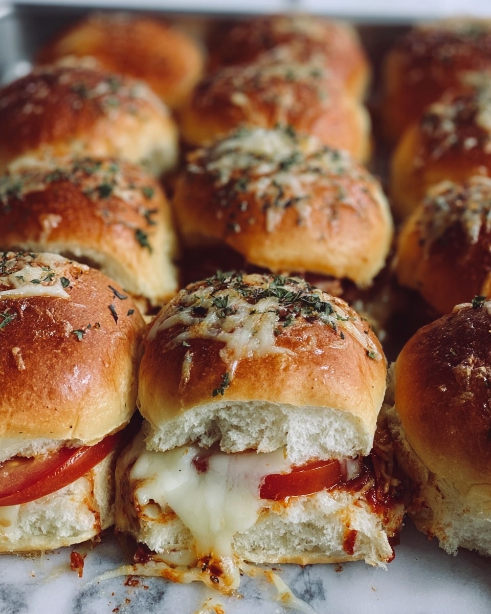 The image shows a close-up of several round sandwich sliders arranged closely on a baking tray. Each slider has a soft, golden-brown top bun sprinkled with melted cheese and green herbs. The middle layer peeks out slightly, revealing a thick slice of red tomato and melted white cheese that stretches between the buns. The bottom buns are soft and light-colored, supporting the layers above. The surface beneath the tray is a white marbled texture. photo taken with an iphone --ar 4:5 --v 7
