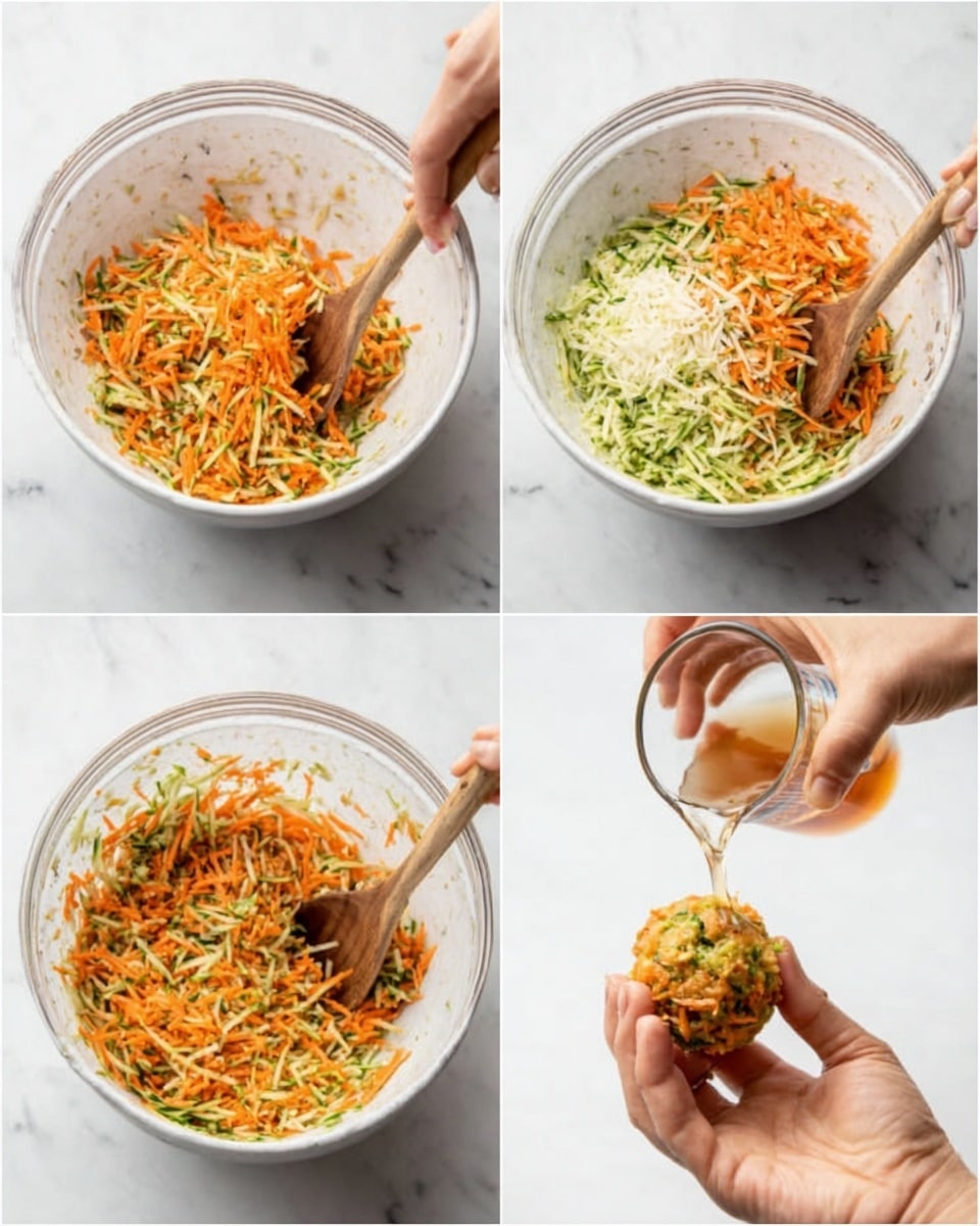 A white bowl on a white marbled surface holds a mix of shredded orange carrots and green zucchini, stirred with a wooden spoon by a woman's hand. The next image shows shredded white pieces added to the carrot and zucchini mix, stirred again with the spoon in the same white bowl. Then, the bowl is filled with the grated vegetable mix and a clear liquid is poured over it from a measuring cup. The last image shows a woman's hand forming a round ball from the mixed vegetables, which looks moist and textured with visible carrot and zucchini pieces. photo taken with an iphone --ar 4:5 --v 7