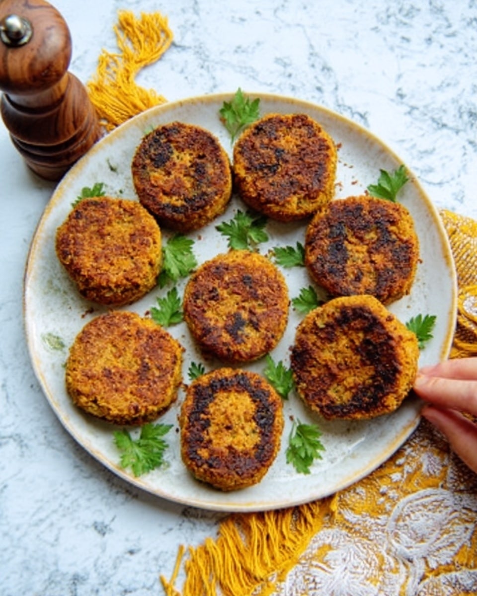 The image shows a white plate with nine round, golden-brown patties arranged in a circular pattern. Each patty has a rough, crispy texture on the outside with some darker browned spots. Small green parsley leaves are placed between a few patties, adding a touch of color. The plate sits on a white marbled surface with a wooden pepper grinder at the top left and a yellow and white cloth with tassels at the right side. A woman’s hand is reaching for one patty on the lower left side. photo taken with an iphone --ar 4:5 --v 7