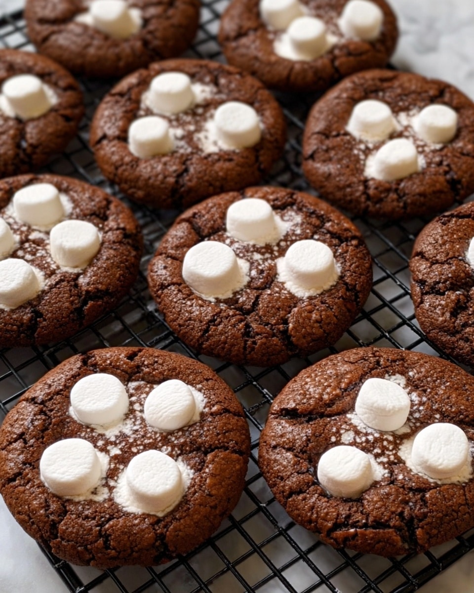 The image shows a group of round chocolate cookies arranged closely on a black wire cooling rack. Each cookie has five small, round white marshmallows on top, spread evenly over the surface. The cookies have a rough, cracked texture with a rich dark brown color. The background is a white marbled surface. photo taken with an iphone --ar 4:5 --v 7