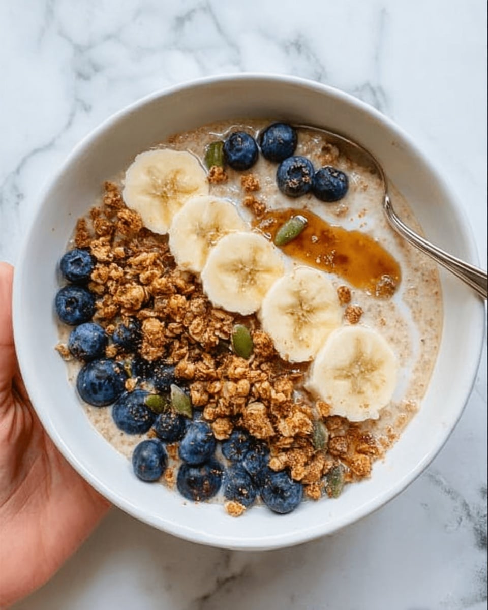 The image shows a white bowl filled with a layered breakfast dish on a white marbled surface. The bottom layer is creamy oatmeal with a light brown color. On top, there are clusters of golden brown granola spread evenly across one side. Scattered around the granola are fresh, plump blueberries adding a deep blue color. There are also thick slices of banana with a pale yellow tone arranged neatly on top. At the edge of the bowl, a silver spoon rests partially inside the oatmeal. A woman's hand is seen holding the bowl slightly from the side. The overall look is fresh, textured, and colorful. photo taken with an iphone --ar 4:5 --v 7