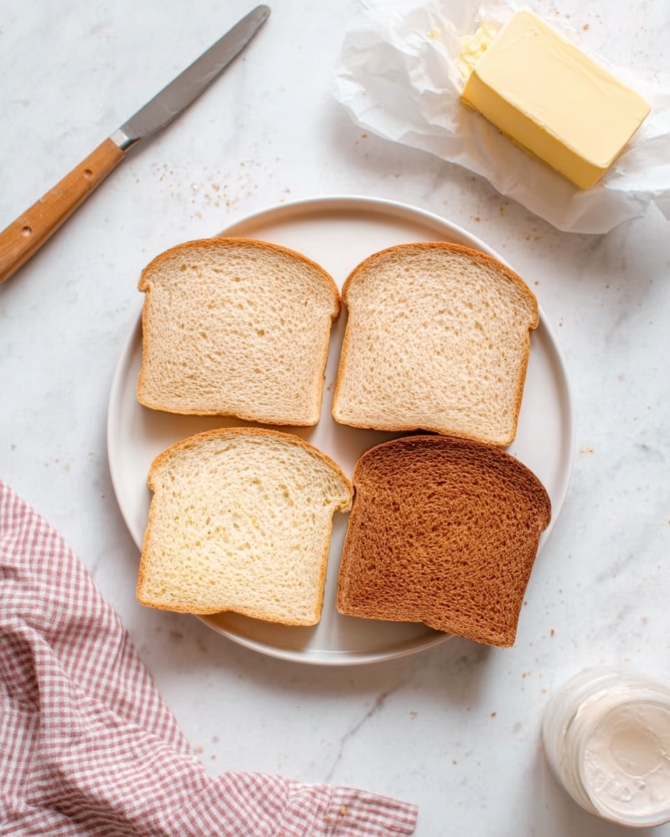 The image shows a white round plate on a white marbled surface. On the plate, there are four slices of bread arranged in a square shape: two light brown slices on the left and right, and two darker brown slices on the top right and bottom right. To the upper right of the plate, there is a wrapped block of butter. To the upper left of the plate, there is a butter knife with a wooden handle placed diagonally. Near the bottom edge, a woman's hand is partly visible holding a checkered cloth. The overall color scheme is light and warm, with soft natural lighting. photo taken with an iphone --ar 4:5 --v 7