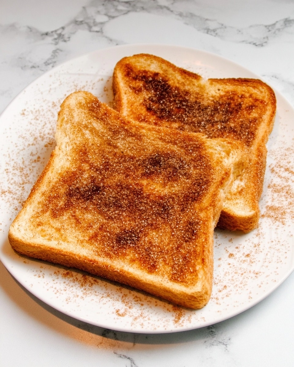 The image shows two slices of toasted bread with a golden brown color and a layer of cinnamon sugar sprinkled on top, creating a rough textured surface. The toast is placed on a white round plate with no other items around it. The background features a white marbled surface. Photo taken with an iphone --ar 4:5 --v 7