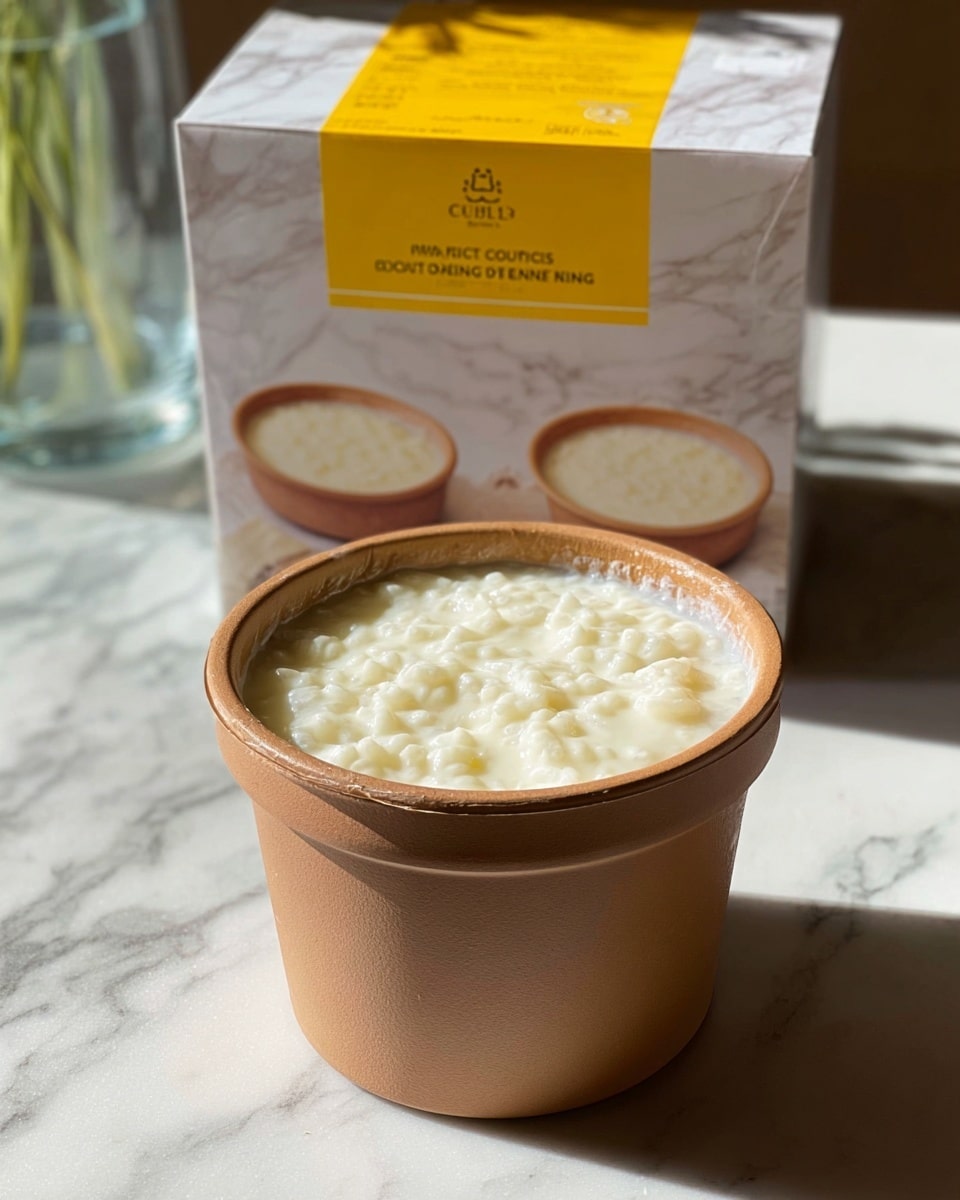 The image shows one cup of rice pudding inside a simple brown plastic container. The pudding fills the container fully, with a thick white creamy layer on top that has a slightly bumpy texture made by small rice grains. Behind the container there is a box with a white marble texture background, featuring a close-up photo of two similar small bowls of rice pudding with a smooth, creamy white texture, and a bright yellow label with black text. The setting is on a white marbled surface with a shadow cast by the pudding container and a glass vase partially visible in the background. photo taken with an iphone --ar 4:5 --v 7