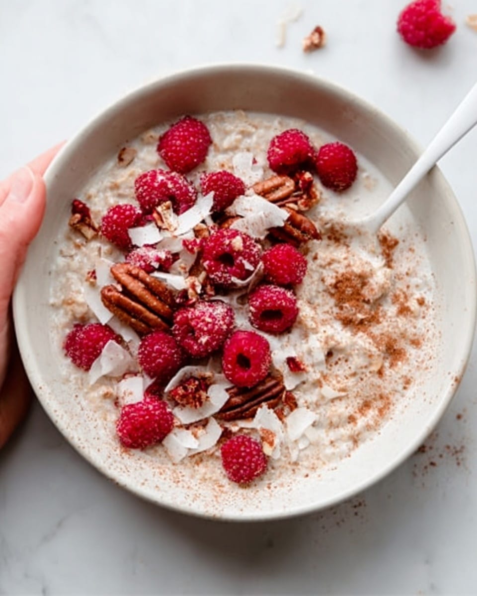 A white bowl filled with creamy oatmeal, topped with bright red raspberries scattered evenly. There are thin, white coconut flakes spread across the top, along with small pieces of crunchy pecans. A sprinkle of ground cinnamon adds a light brown dusting mainly on one side. A woman's hand is holding a white spoon inside the bowl. The bowl sits on a white marbled surface. photo taken with an iphone --ar 4:5 --v 7