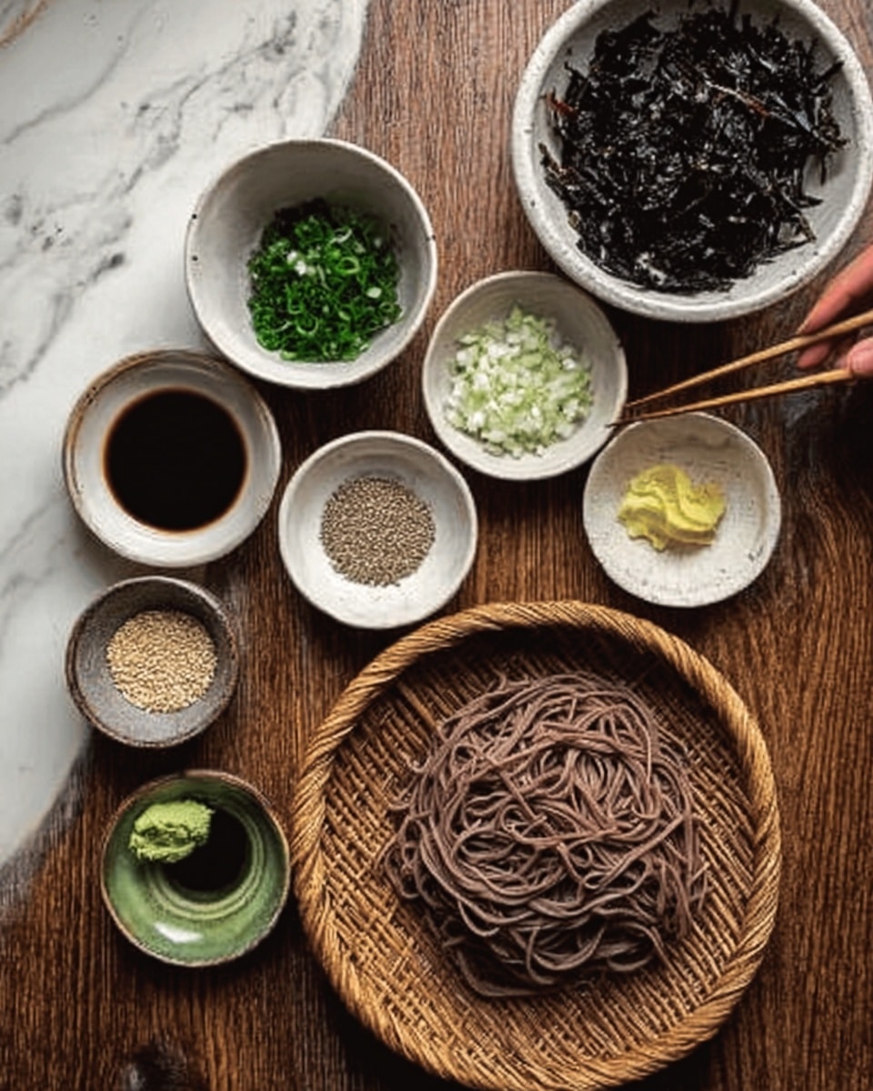 The image shows a woven round basket filled with dark brown soba noodles coiled neatly on the bottom right. Around the basket are several small white bowls placed on a wooden table, each holding different ingredients: one bowl contains finely chopped white onions, another has dark green chopped herbs, one is filled with small white sesame seeds, and another holds a dark liquid, likely soy sauce. There is also a small mound of bright green wasabi paste and a small amount of pale yellow grated ginger in separate bowls. In the top right corner, a larger white bowl is filled with dark brown dried seaweed strips. A woman's hand holding chopsticks is visible, picking up some noodles. The scene is set against a white marbled surface. photo taken with an iphone --ar 4:5 --v 7