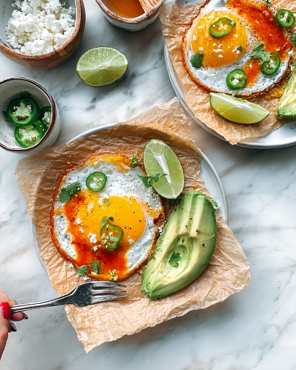 The image shows two sunny-side-up eggs on white plates with a crinkled brown paper underneath. Each egg has a bright yellow yolk surrounded by a white edge, topped with an orange-red sauce and thin slices of green jalapeños. Next to the eggs are slices of avocado with a smooth, light green color, and wedges of fresh lime on the side. A woman's hand with a spoon appears at the top left reaching towards the dish. In the background, there are small bowls with white cheese and a green dip. The surface is a white marbled texture. Photo taken with an iphone --ar 4:5 --v 7