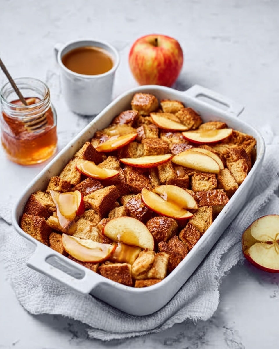 The image shows a white rectangular baking dish filled with a warm baked dish made of golden brown pieces of toast or bread, neatly layered and topped with slices of cooked apple pieces that have a soft brown edge. To the side, there is a small glass jar of clear honey and an apple placed on a white marbled surface, along with a white cup filled with honey sauce. The layers in the baking dish are mostly bread with apple slices spread evenly on top, giving a nice mix of light and dark brown tones. A white cloth napkin is placed underneath the dish and surrounding items. The lighting is soft and natural, highlighting the textures of the bread and apple slices. Photo taken with an iphone --ar 4:5 --v 7