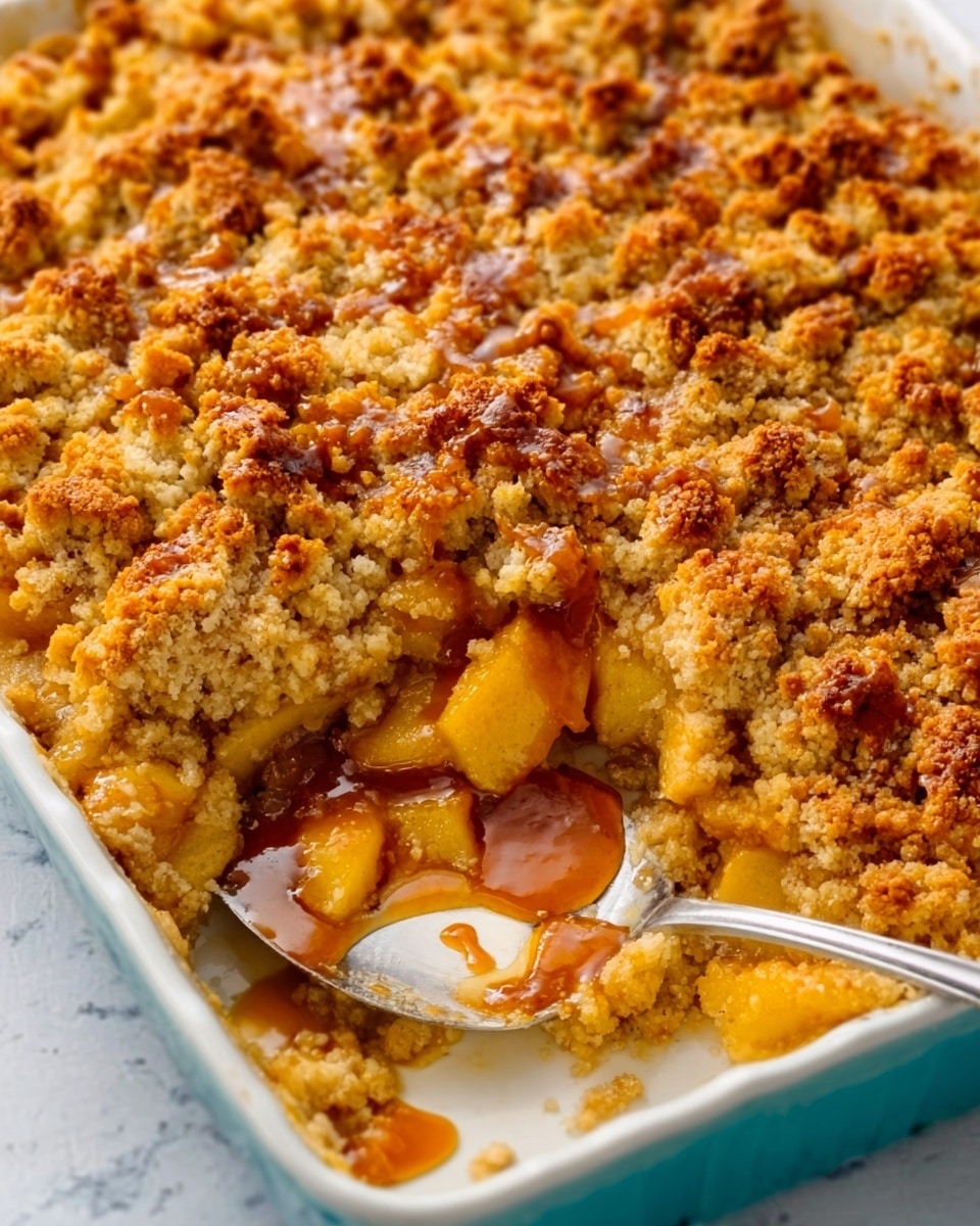 The image shows a large white rectangular baking dish filled with an apple crumble. The top layer is a thick, golden-brown crumbly texture, made of small, uneven chunks of crisp topping. Below that, there is a layer of soft cooked apple pieces with a warm orange and light brown color, slightly visible through a missing section in the dish. A silver spoon with some caramel sauce rests inside the missing spot, showing sauce dripping onto the bright white marbled surface below. The overall look is warm and inviting, with a mix of crunchy and soft textures photo taken with an iphone --ar 4:5 --v 7