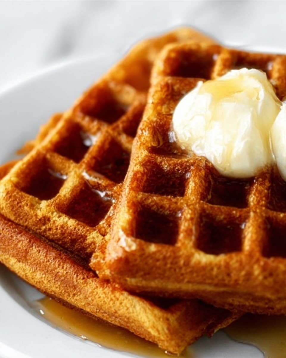 Two golden brown waffles with a crisp texture sit on a white plate, layered closely together. On the top right side of the waffles, there is a dollop of smooth, creamy white butter slowly melting and adding a soft shine. The waffle grids are deep and hold the syrup that glistens with a dark amber color, pooling slightly in the square indentations. The scene is set on a white marbled surface, enhancing the warm tones of the waffles and syrup. photo taken with an iphone --ar 4:5 --v 7