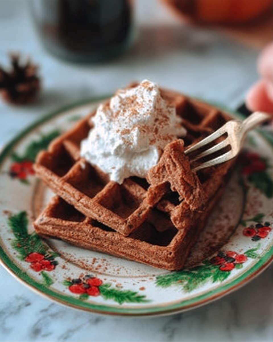 The image shows two brown waffles with a soft texture, stacked on a white plate with green and red berry patterns. On top of the waffles, there is a dollop of whipped cream with a light, fluffy texture, sprinkled lightly with cinnamon or cocoa powder. A woman’s hand is holding a fork that is gently pinching a piece of the waffle on the right side of the plate. The background features a white marbled surface with blurred dark and light objects. photo taken with an iphone --ar 4:5 --v 7