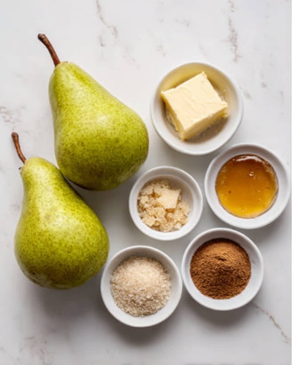 The image shows two green pears on the left side of a white marbled surface. To the right of the pears, there are five small white bowls arranged in a loose cluster. One bowl contains a chunk of pale yellow butter, another holds golden honey, one has light brown sugar, and another has a mound of ground cinnamon. The colors range from green to pale yellow, golden, and various brown shades. The setup is neat and clean with good lighting. Photo taken with an iphone --ar 4:5 --v 7