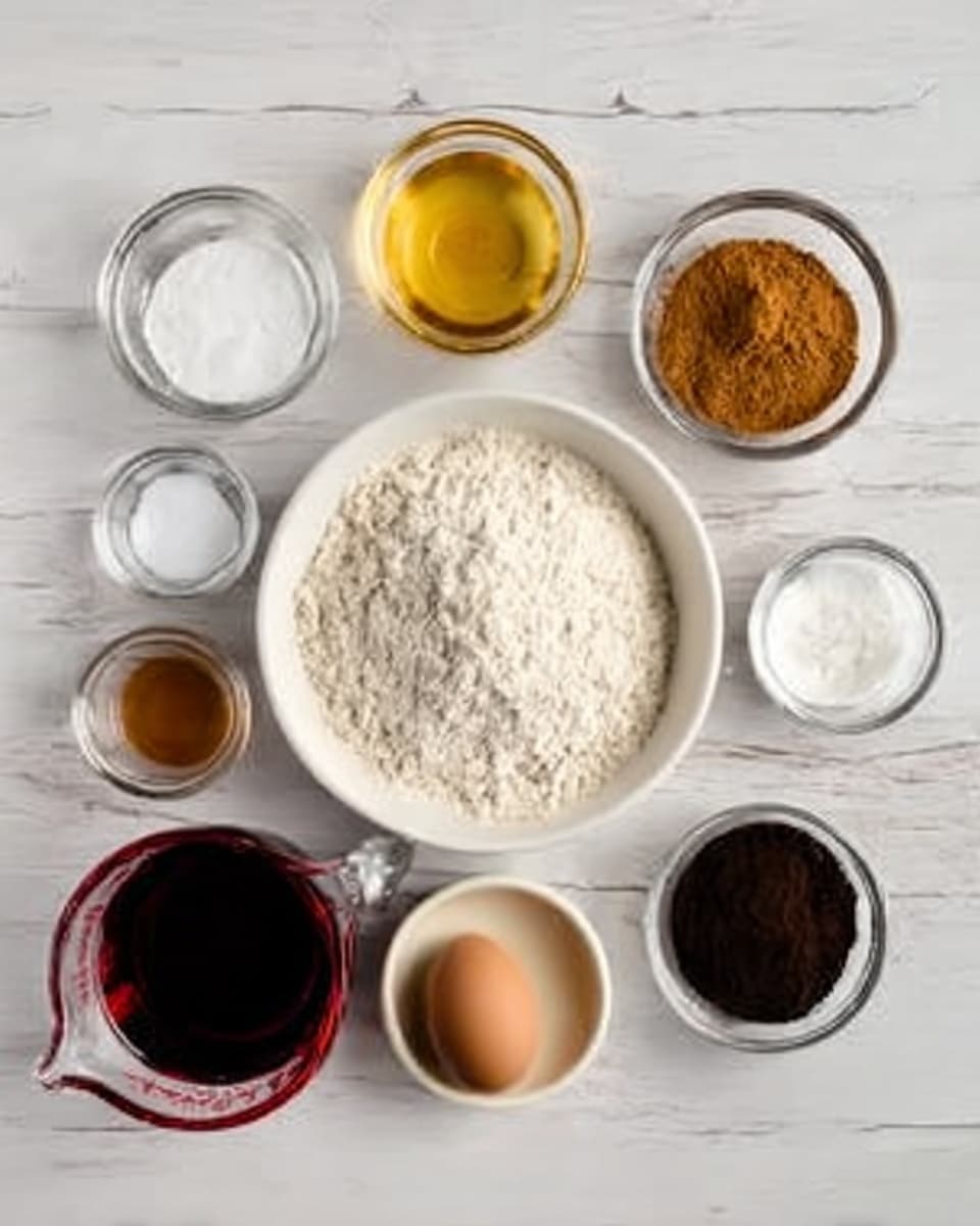 The image shows various baking ingredients arranged neatly on a white marbled surface. In the center, there is a white bowl full of flour. Around it, there are smaller clear glass bowls and cups containing white sugar, golden syrup, light brown powder (likely cinnamon), and dark brown powder (possibly coffee or cocoa). A white bowl holds a beige liquid, and a small brown egg is placed beside it. A glass measuring cup filled with dark red liquid sits at the bottom left. The ingredients are spaced evenly, creating a clean and organized look. photo taken with an iphone --ar 4:5 --v 7