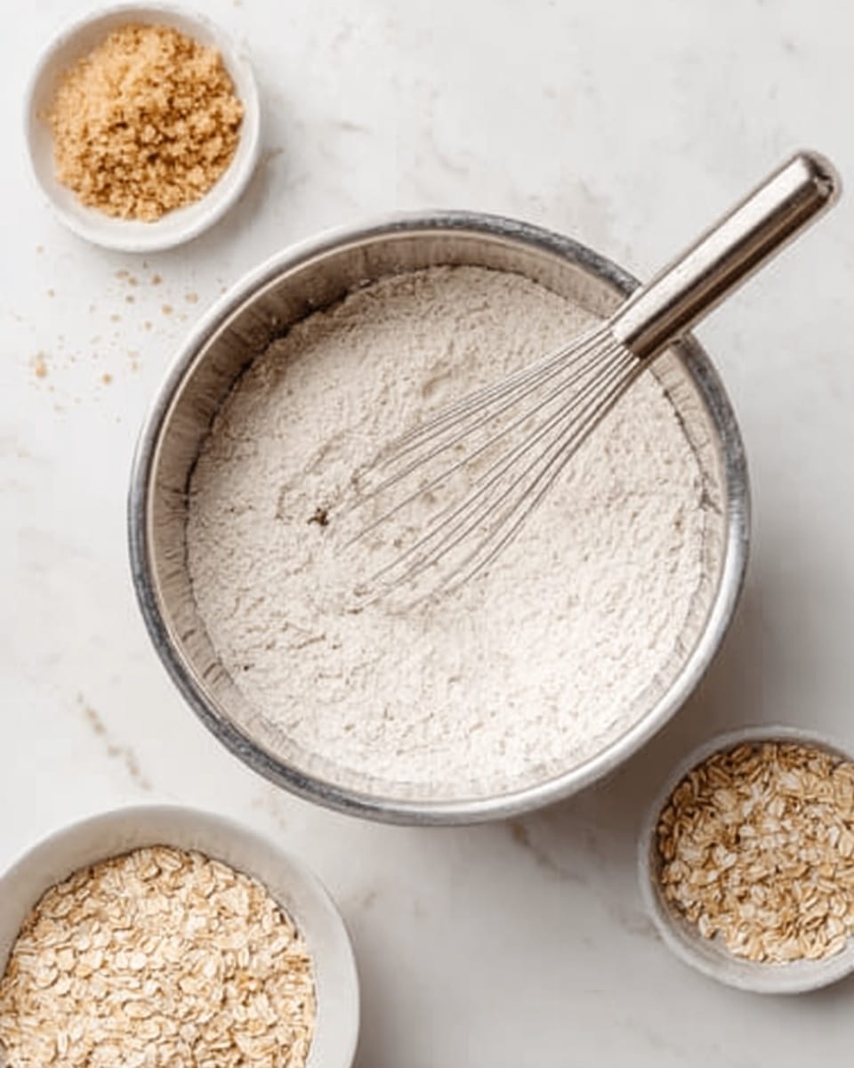 A silver mixing bowl sits on a white marbled surface filled with white flour and a metal whisk resting inside it. There are two small white bowls nearby; one contains light brown sugar with a crumbly texture, and the other is filled with pale rolled oats. The scene shows the start of a baking recipe with just the dry ingredients visible. Photo taken with an iphone --ar 4:5 --v 7