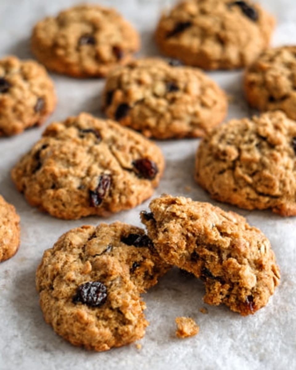 The image shows a group of golden brown cookies with a rough, crumbly texture sitting on white parchment paper. The cookies are round but uneven, each filled with small dark raisins and bits of oats visible throughout. One cookie in the front is broken in half, showing a soft, moist inside with the raisins embedded. The background features a white marbled surface barely visible beyond the edges of the parchment paper. photo taken with an iphone --ar 4:5 --v 7