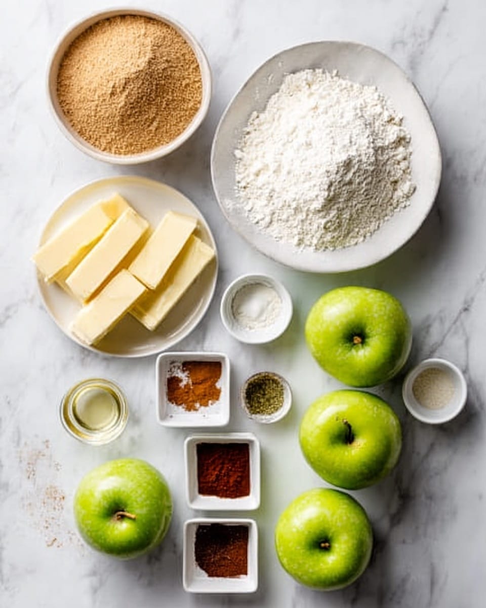 The image shows a white marbled surface with several cooking ingredients arranged neatly. There are three shiny green apples placed in the middle right, with another green apple in the bottom left corner. On the top left, there is a white bowl filled with light brown powder and another white bowl filled with white flour next to it. To the left of the flour bowl, there are slices of pale yellow butter arranged on a white plate. Near the apples, there are four small white square bowls containing different spices in dark brown, reddish, and white colors. There are some small white bowls with clear liquid and more spices scattered around. The overall look is clean and balanced, showing ingredients ready for baking or cooking photo taken with an iphone --ar 4:5 --v 7