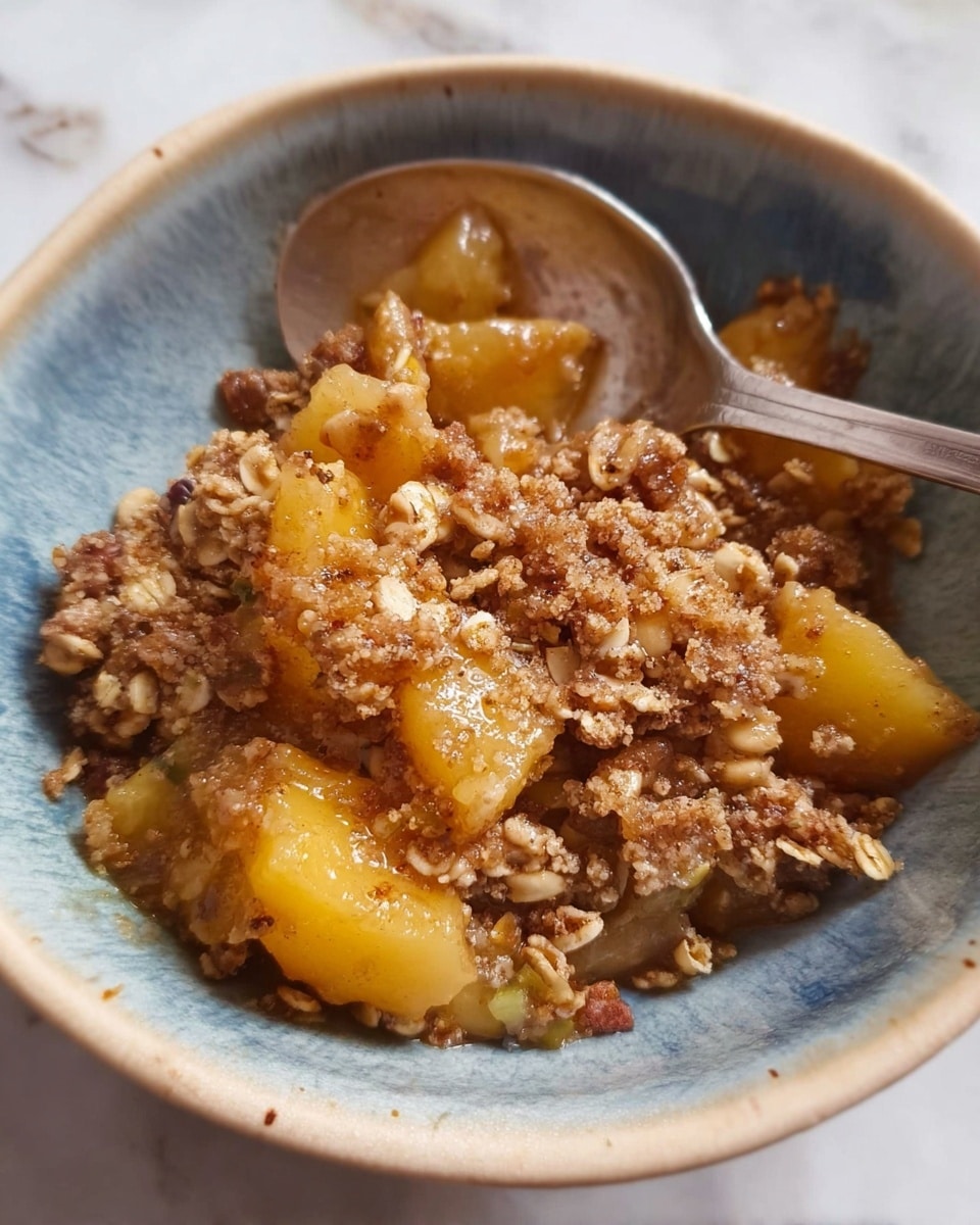 A close-up of a bowl filled with a mixed dish consisting of soft, chopped yellow fruit pieces layered with a crumbly, brownish topping made of oats and crushed nuts. The topping has a slightly rough texture with small granules visible throughout. The fruit looks cooked and tender, while the topping covers most of the dish in uneven clumps. A silver spoon rests partially inside the bowl, which has a mix of blue, beige, and white colors inside. The bowl is placed on a white marbled surface. Photo taken with an iphone --ar 4:5 --v 7