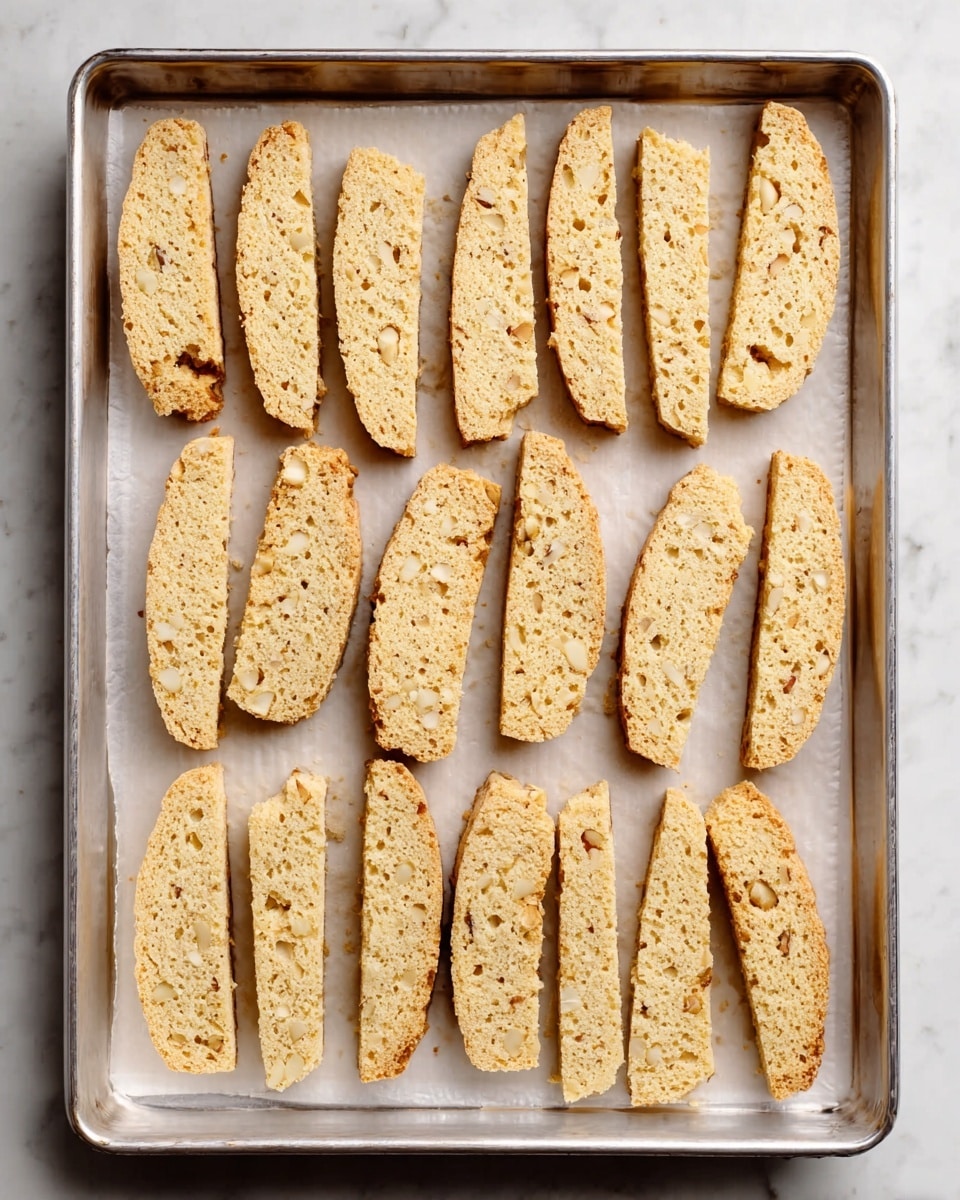 The image shows a silver baking tray lined with white parchment paper placed on a white marbled surface. On the tray, there are fifteen golden-brown slices of biscotti, arranged neatly in three rows. The biscotti are oval-shaped with a rough texture, showing bits of nuts inside. The light hits the biscotti evenly, highlighting their crunchy surface and slight cracks. Photo taken with an iphone --ar 4:5 --v 7