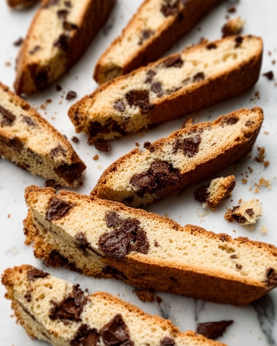 This image shows several pieces of biscotti arranged closely on a white marbled surface. Each biscotti piece is long and narrow, with a light brown color on the inside and a darker, crisp outer layer. The inside is filled with small pieces of dark chocolate, evenly spread through each slice. The biscotti are split on the white marbled surface, revealing their crunchy texture and chocolate bits inside. Some crumbs are scattered around the pieces, adding to the rustic feel of the scene. photo taken with an iphone --ar 4:5 --v 7