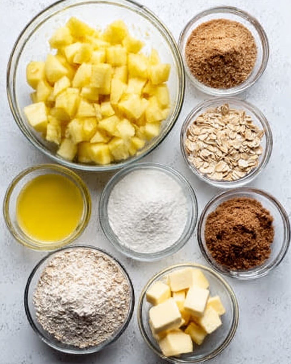 A white marble surface holds a group of clear glass bowls arranged neatly. In the largest bowl at the center, there are many yellow pieces of chopped apples. Around this bowl, smaller bowls contain light brown crumbly sugar, white flour, dark brown powder cinnamon, bright yellow lemon juice, white granulated sugar, pale beige rolled oats, and creamy yellow cubes of butter. Each bowl shows its contents clearly with different textures from powdery to chunky. A woman's hand is slightly visible holding one of the bowls. photo taken with an iphone --ar 4:5 --v 7