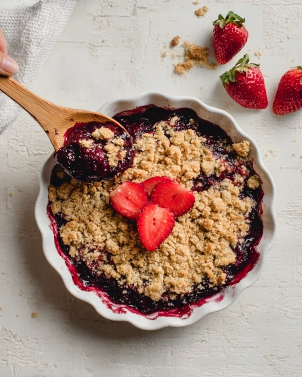 A white scalloped ceramic dish filled with a deep purple berry crumble, topped with a thick golden crumb layer spread evenly over the surface. Three bright red strawberry halves are placed on top of the crumble, adding a fresh contrast in color. Around the dish, on a white marbled surface, are three whole strawberries, with one near where a woman’s hand holds a light wooden spoon scooping the crumble from the dish. The textures show the crumbly topping with small, uneven pieces, and the smooth, juicy berry filling beneath, creating a layered look of fruit and crust. photo taken with an iphone --ar 4:5 --v 7