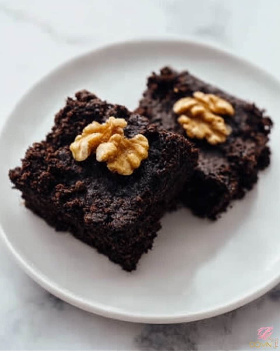 The image shows two square pieces of dark brown brownies with a rough, crumbly texture placed on a white plate. Each brownie piece has a whole walnut on top, adding a light brown, slightly shiny touch to the dark surface. The plate is set on a white marbled surface, giving a clean and bright background that contrasts with the dark brownies. Photo taken with an iphone --ar 4:5 --v 7