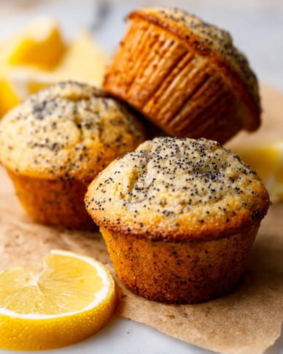 The image shows three muffins with a golden brown top sprinkled with black poppy seeds. The muffins have a soft, slightly rough texture, and the middle muffin is tilted, showing its moist, light inside. Around the muffins, there are slices of fresh yellow lemon adding a bright contrast. The muffins are placed on a light brown paper on a white marbled surface. The warm colors of the muffins and the cool yellow of the lemons create a cozy and fresh feeling. photo taken with an iphone --ar 4:5 --v 7