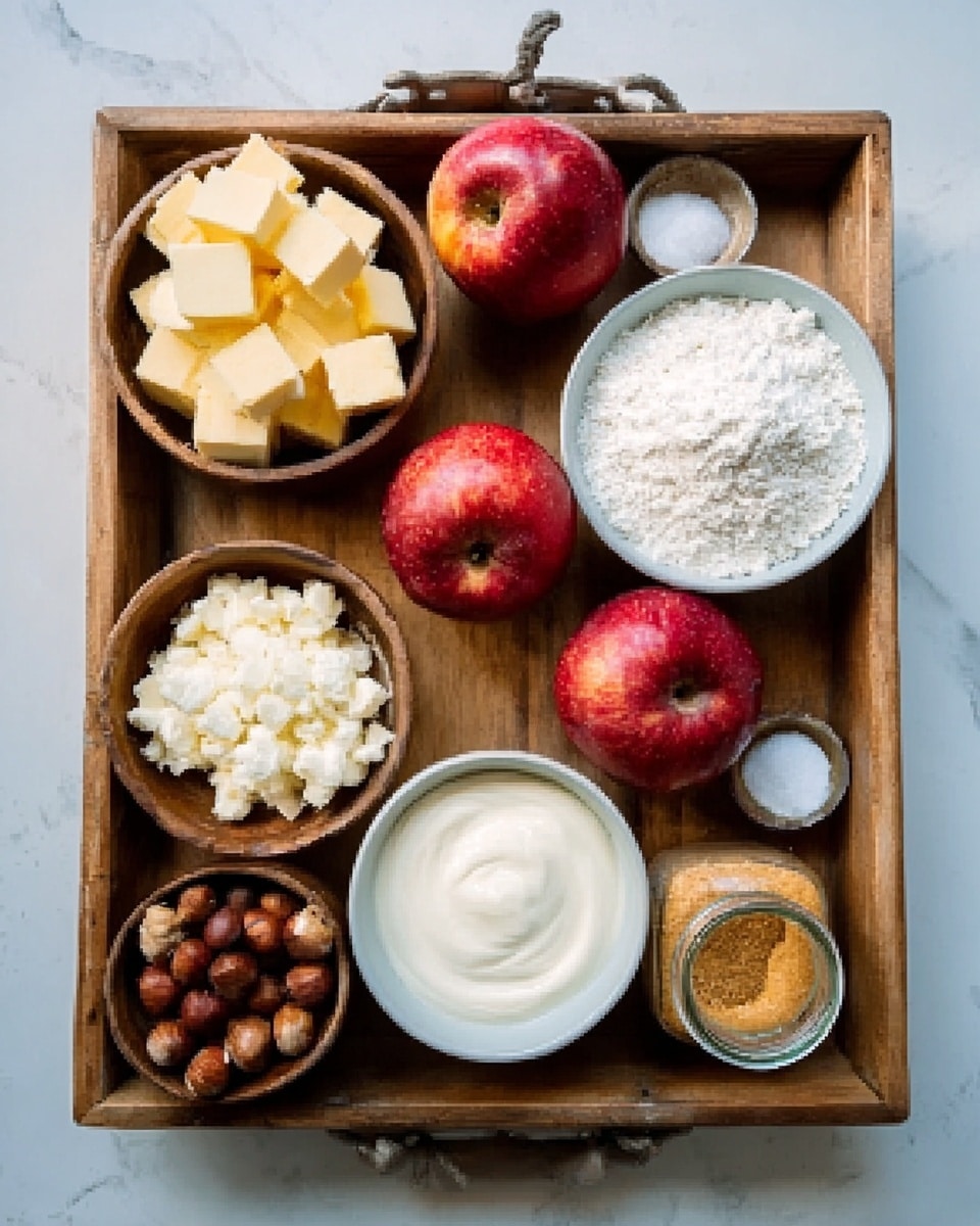 The image shows a wooden tray filled with different ingredients arranged neatly. There are three red apples placed in the center. Around them, there is a small white bowl of white flour on the right, a white bowl with a white creamy substance next to it, and a small white bowl of sugar near the top. A small glass jar with a golden-brown spice sits in the bottom right corner. On the left side of the tray, there are two stacks of butter cubes. A small wooden bowl of smooth white frosting and a small wooden bowl filled with hazelnuts are located near the top left. The tray is sitting on a white marbled surface. Photo taken with an iphone --ar 4:5 --v 7