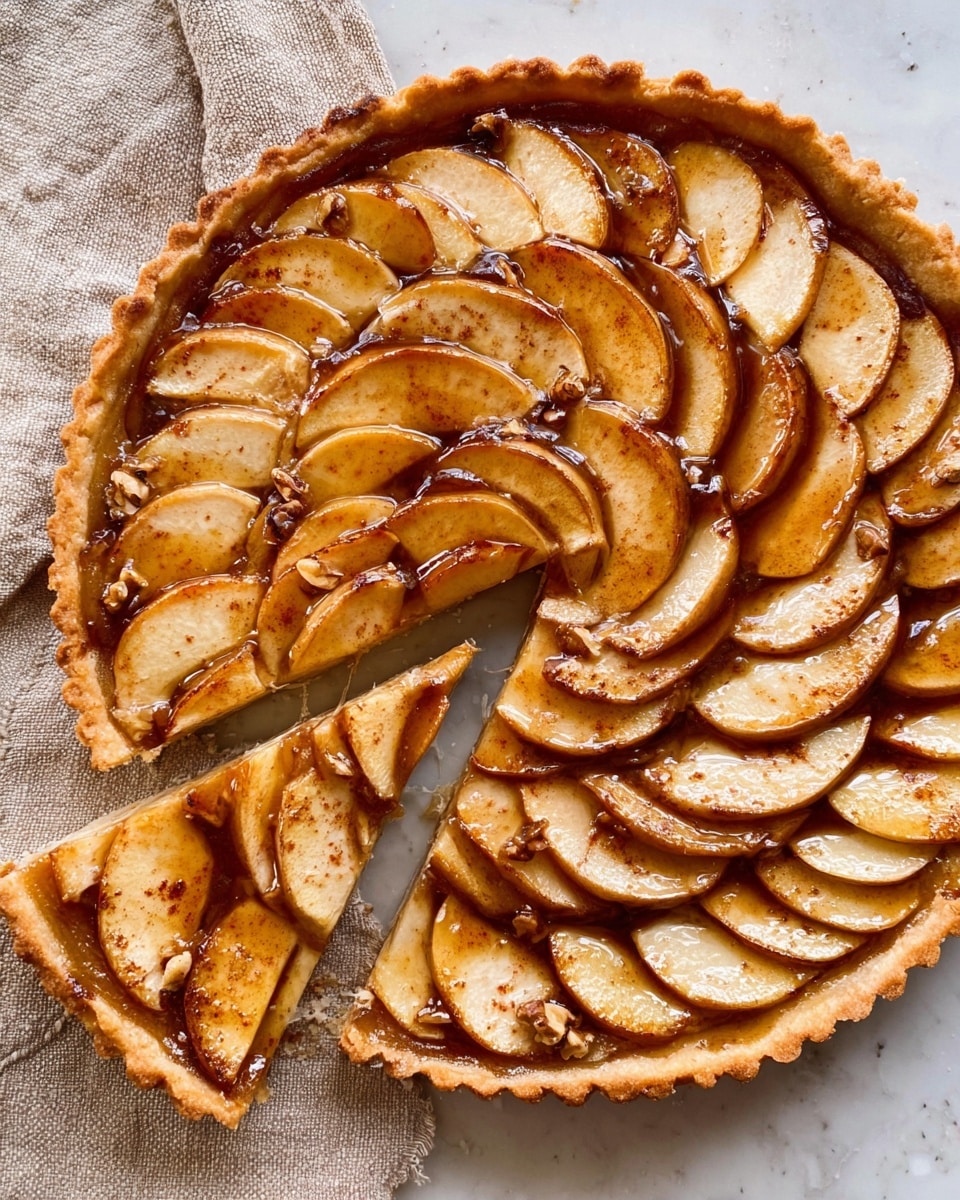 The image shows a round apple tart with walnut slices arranged in a spiral pattern from the outside to the center. The tart crust is golden brown and thin, forming a neat edge around the fruit. The apple slices are thin, caramelized with a light glaze, and have a slightly shiny texture with visible cinnamon dusted on top. The tart is set on a white marbled surface with a beige linen cloth peeking on the left side. One slice of the tart is slightly lifted, showing the crunchy crust and soft filling layers. Photo taken with an iphone --ar 4:5 --v 7