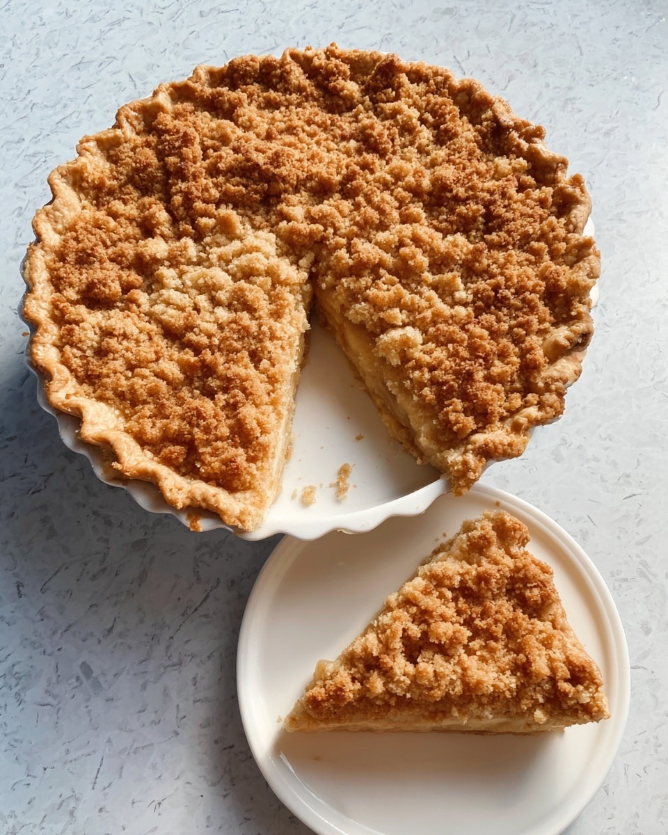 A round pie with a golden-brown crumb topping sits on a white marbled surface, placed on a white plate with scalloped edges. One large slice is missing, and the slice is served on a plain white plate below the main pie. The crumb topping looks crumbly and uneven, showing a textured, crispy surface that covers the entire pie. The filling underneath is not visible. The scene is bright, and the white marbled surface reflects the light softly. photo taken with an iphone --ar 4:5 --v 7