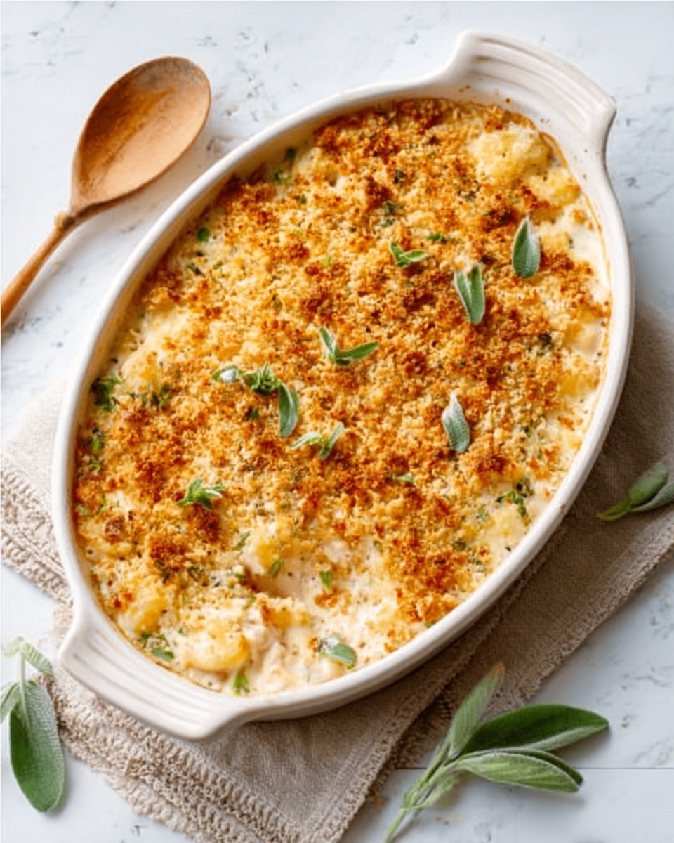 A white oval baking dish filled with a creamy chicken casserole covered by a golden brown crispy topping with small green herb leaves sprinkled on top, placed on a white marbled surface with a beige wooden spoon beside it photo taken with an iphone --ar 4:5 --v 7