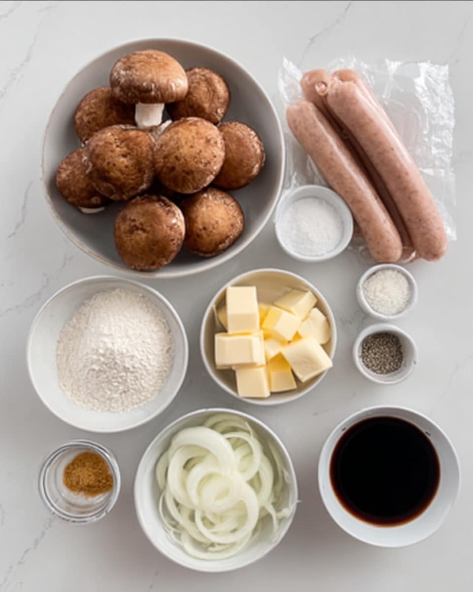A white bowl filled with seven round brown mushrooms is placed on a white marbled surface, near a white bowl holding several light yellow butter cubes, and a small white bowl with white granulated sugar. A pack of five uncooked pale pink sausages is to the side. There is a small white bowl with white flour, a small white bowl with light brown minced garlic, another small white bowl with grey pepper, a white bowl with sliced white onions, and a white bowl filled with dark brown soy sauce. All items are arranged neatly on the white marbled surface. Photo taken with an iphone --ar 4:5 --v 7