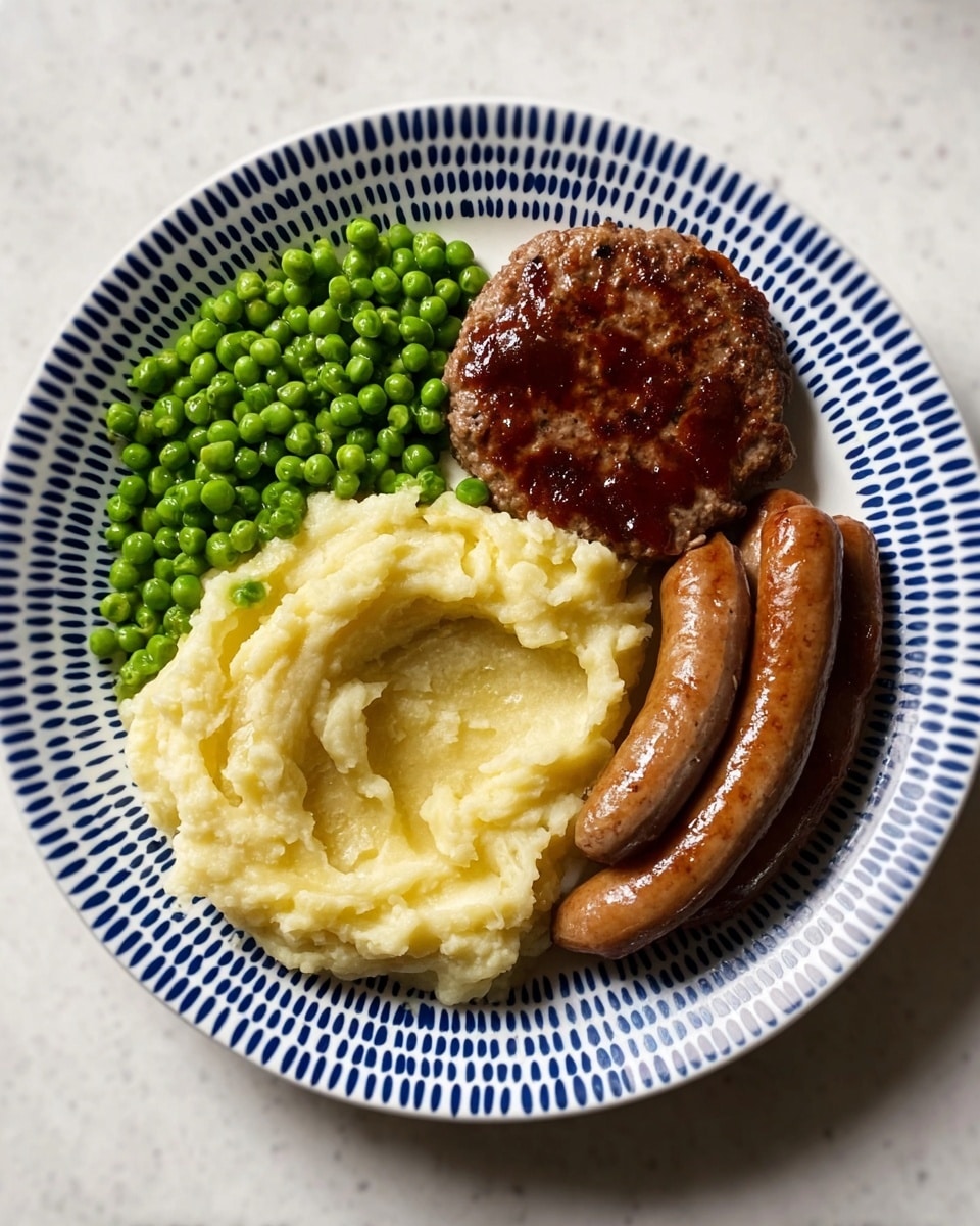 A white plate with a blue circle pattern holds a meal with four parts. On the left side, there is a large scoop of creamy mashed potatoes, pale yellow and smooth. Next to the mashed potatoes, at the top left, is a pile of small green peas, bright and round. To the right of the peas, there is a brown meat patty with a slightly shiny surface. Below the patty, on the right side of the plate, are three brown sausages with a slight shine and curved shape, lying close together. The plate sits on a white marbled surface. photo taken with an iphone --ar 4:5 --v 7