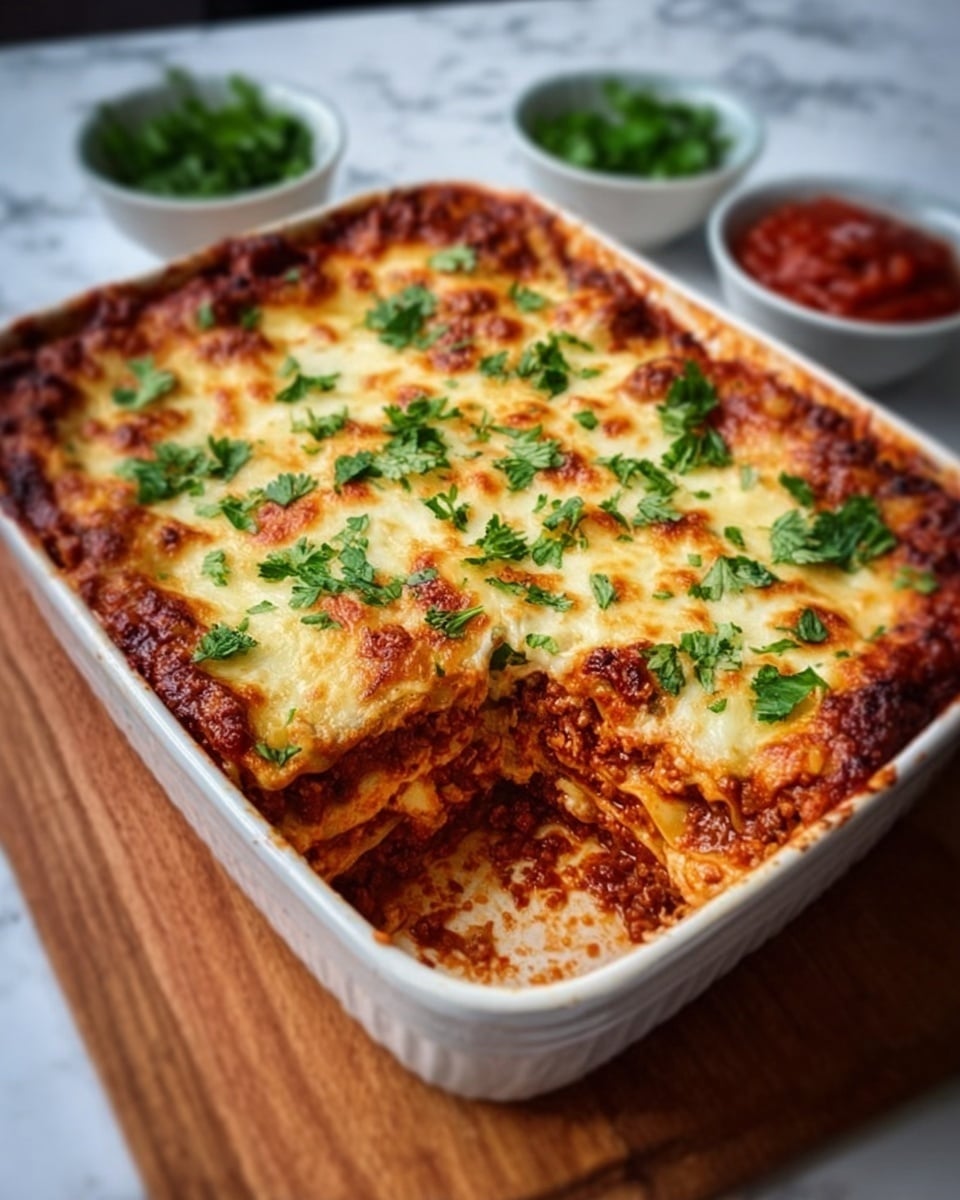 The image shows a baked lasagna in a white rectangular dish on a wooden surface with a white marbled background. The top layer is golden-brown melted cheese with some green fresh parsley leaves scattered evenly. Below the cheese, there is a thick layer of rich tomato sauce mixed with meat, visible slightly around the edges with a hearty texture. The lasagna layers beneath alternate between creamy white cheese and red sauce with pasta sheets faintly visible. The edges of the dish have baked, slightly crisped cheese and sauce. Two small bowls with red sauce and green herbs sit blurred in the background. Photo taken with an iphone --ar 4:5 --v 7